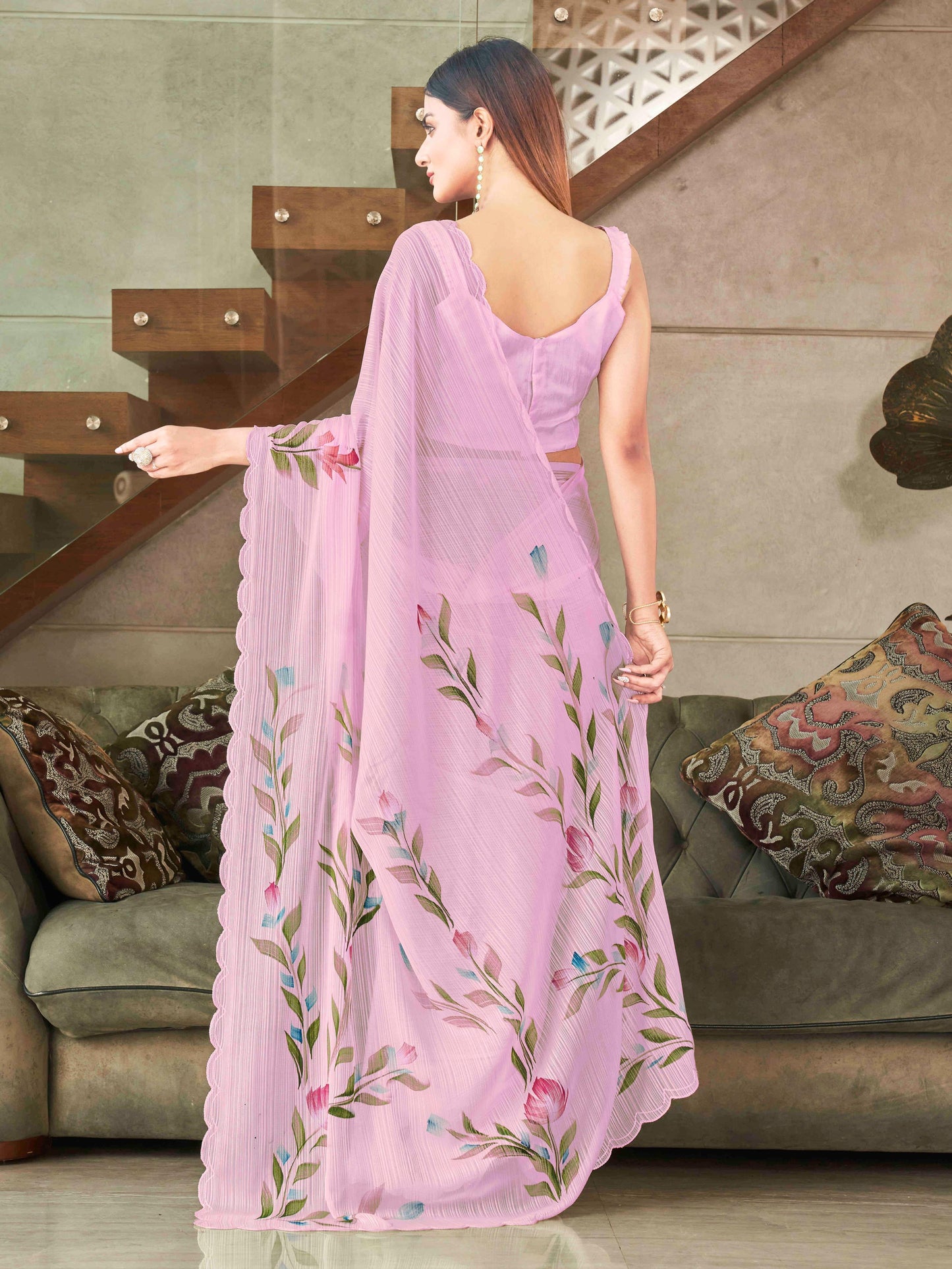 Dhiyona TI Women's Pink Striped Shimmer Floral Hand Print & Scalloped Border Saree with Unstitched Blouse