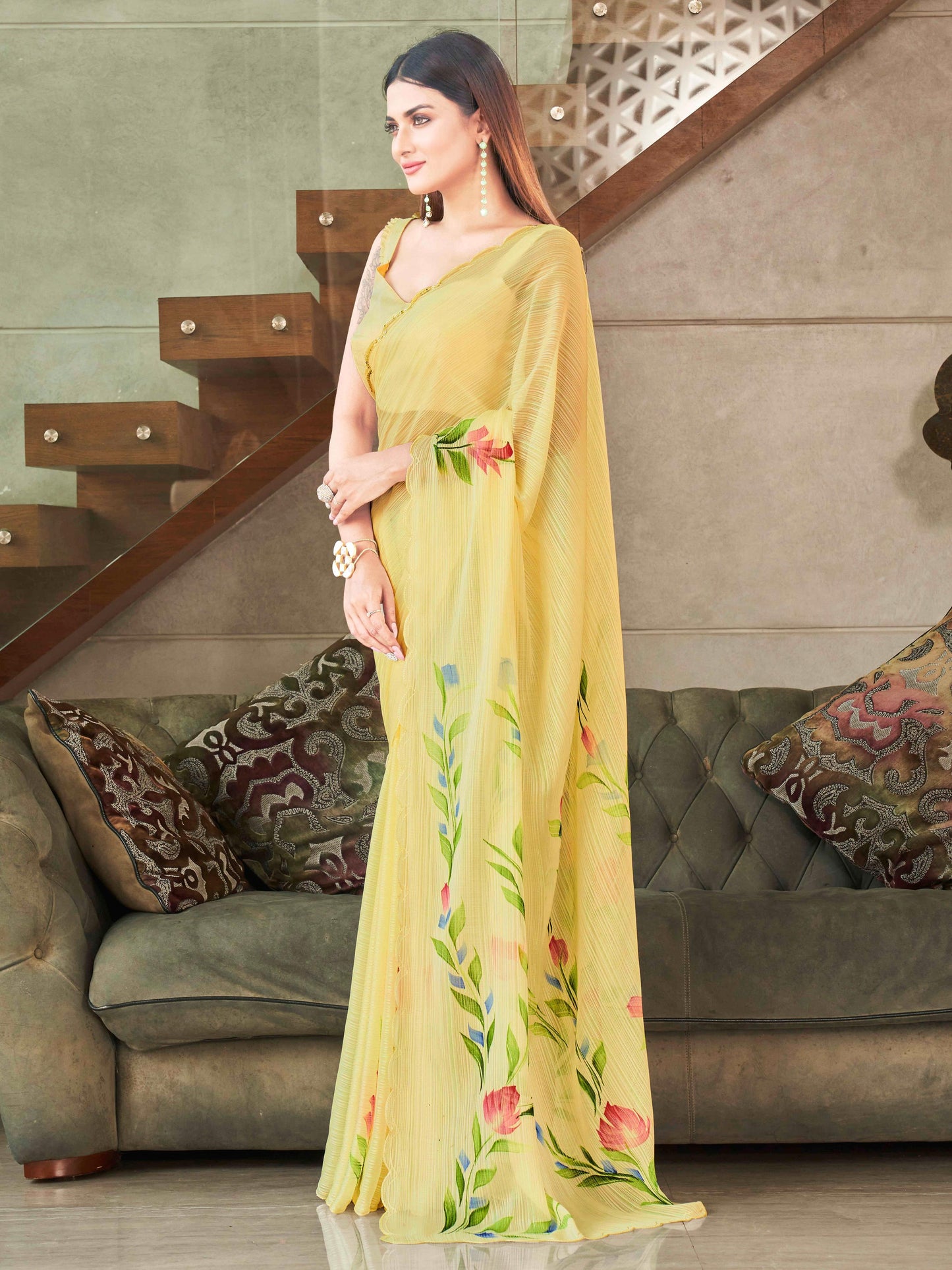 Dhiyona TI Women's Yellow Striped Shimmer Floral Hand Print & Scalloped Border Saree with Unstitched Blouse