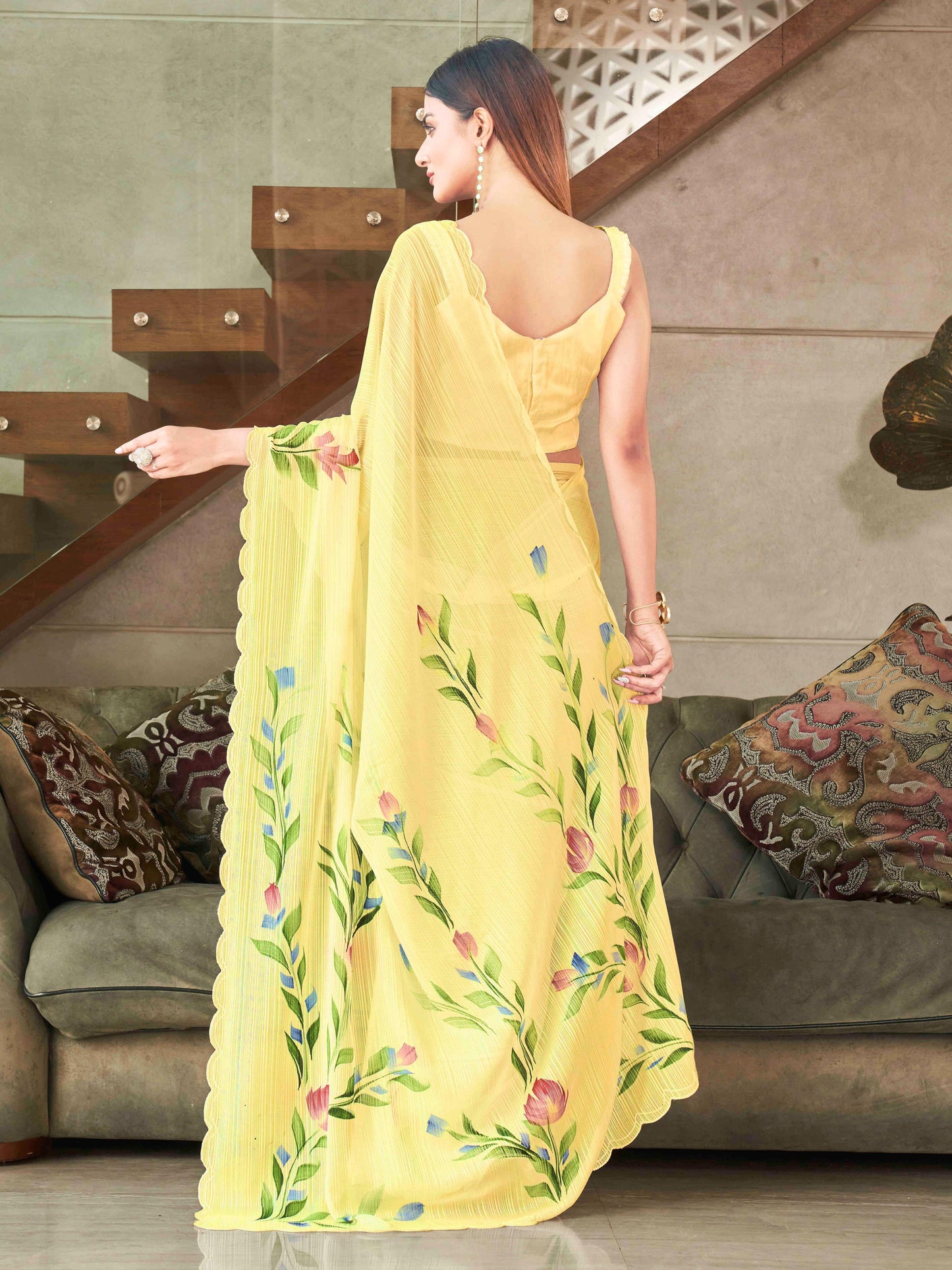 Dhiyona TI Women's Yellow Striped Shimmer Floral Hand Print & Scalloped Border Saree with Unstitched Blouse