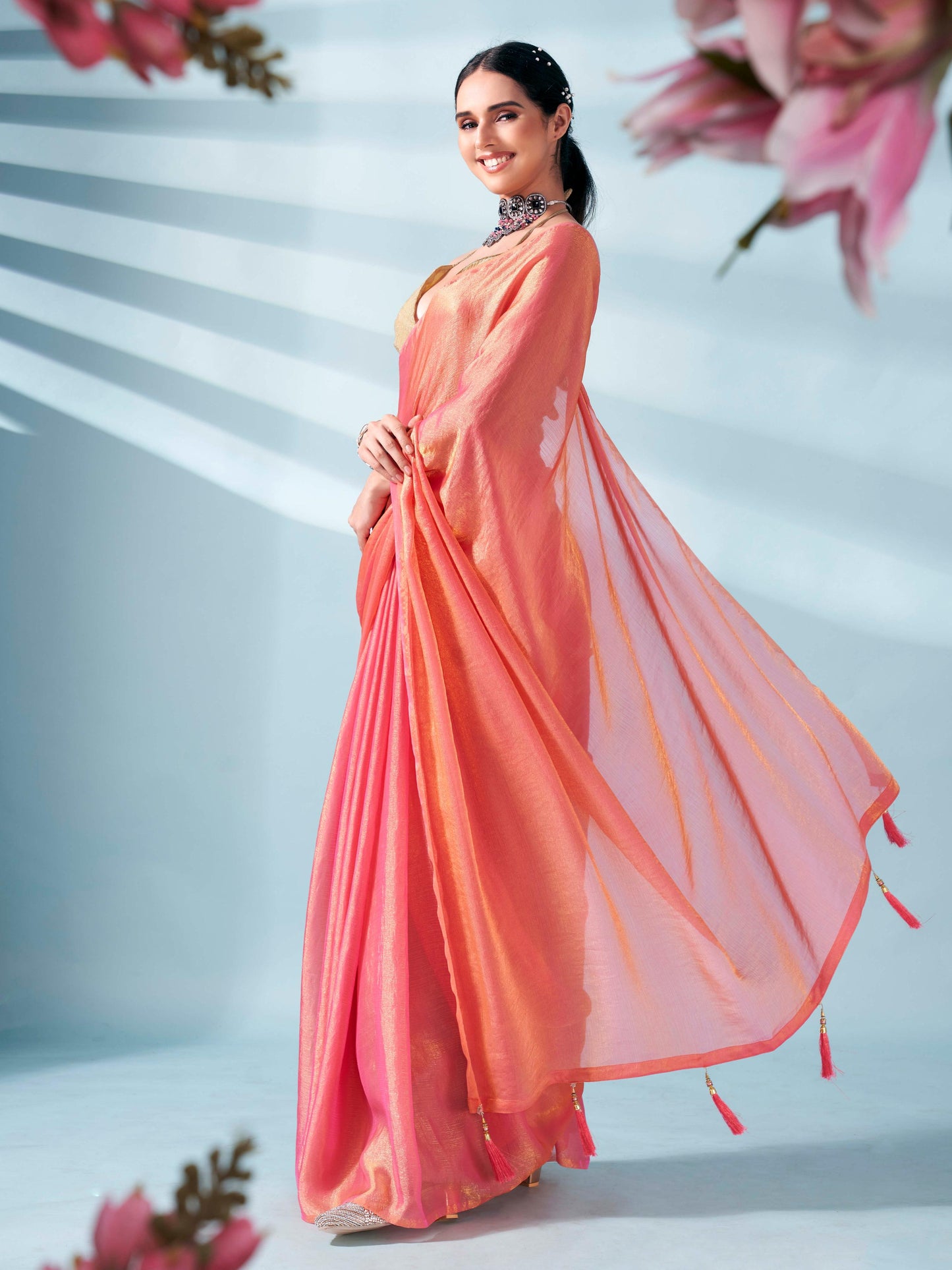 Dhiyona TI Women's Pink And Gold Two Tone Shimmer Chiffon Saree With Unstitched Blouse