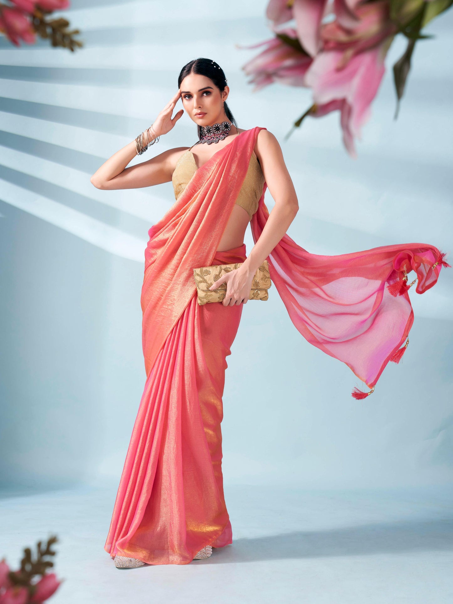 Dhiyona TI Women's Pink And Gold Two Tone Shimmer Chiffon Saree With Unstitched Blouse