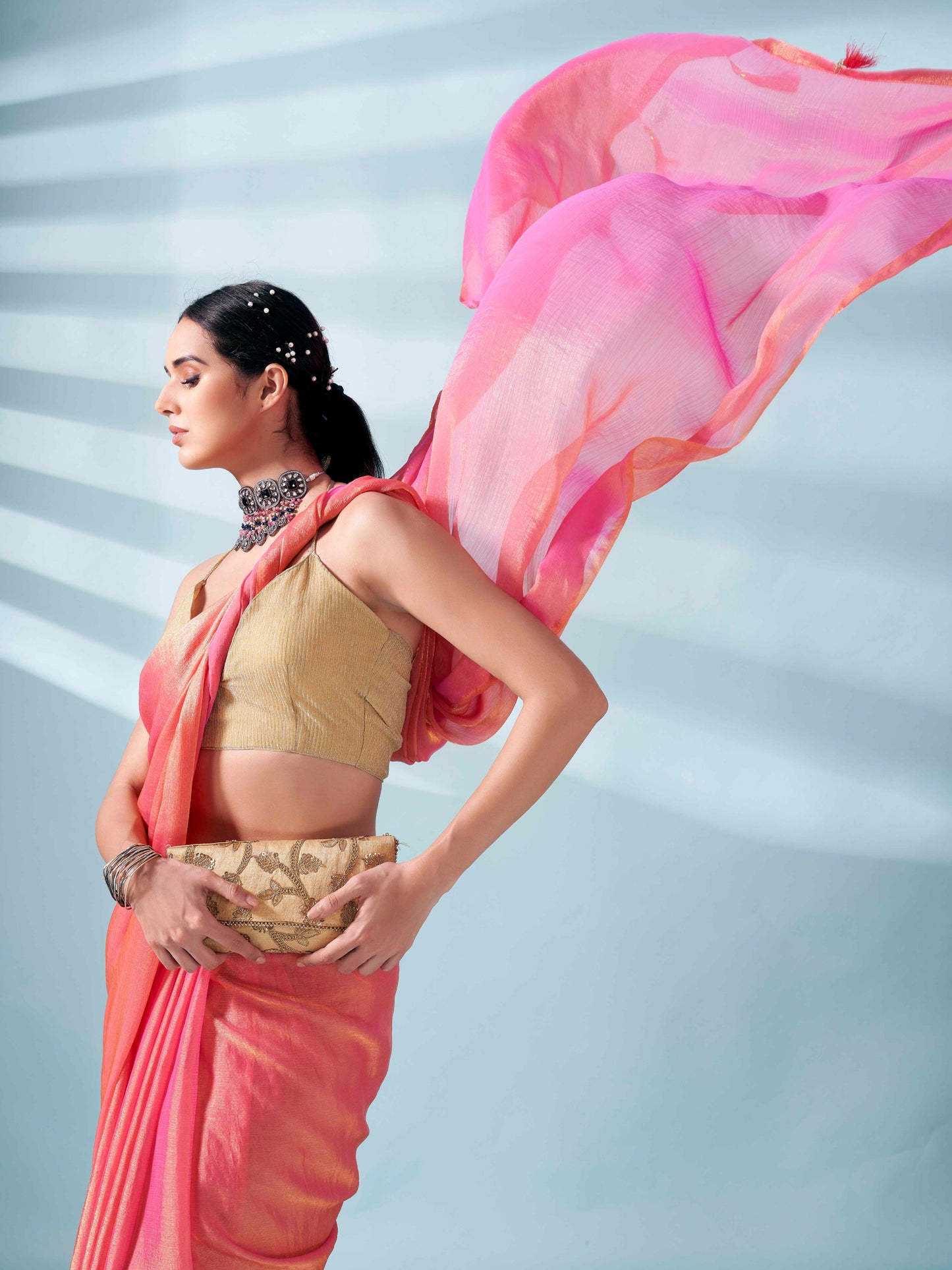 Dhiyona TI Women's Pink And Gold Two Tone Shimmer Chiffon Saree With Unstitched Blouse