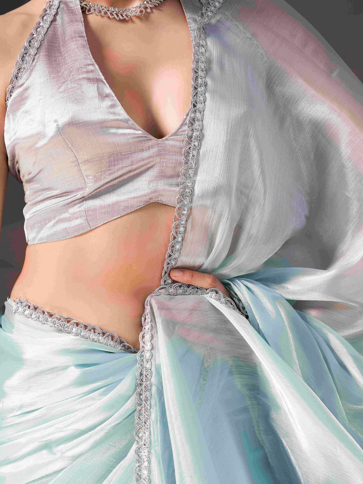 Dhiyona TI Women's Sky Blue Colored Shimmer Satin Lace Saree With Unstitched Blouse