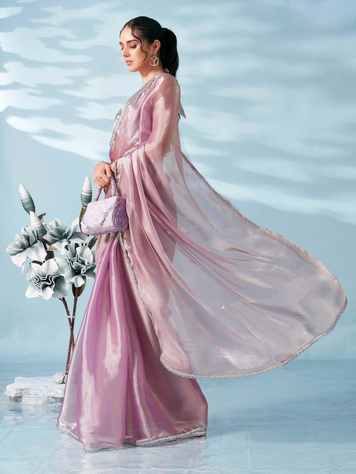 Dhiyona TI Women's Lavender Colored Shimmer Satin Lace Saree With Unstitched Blouse