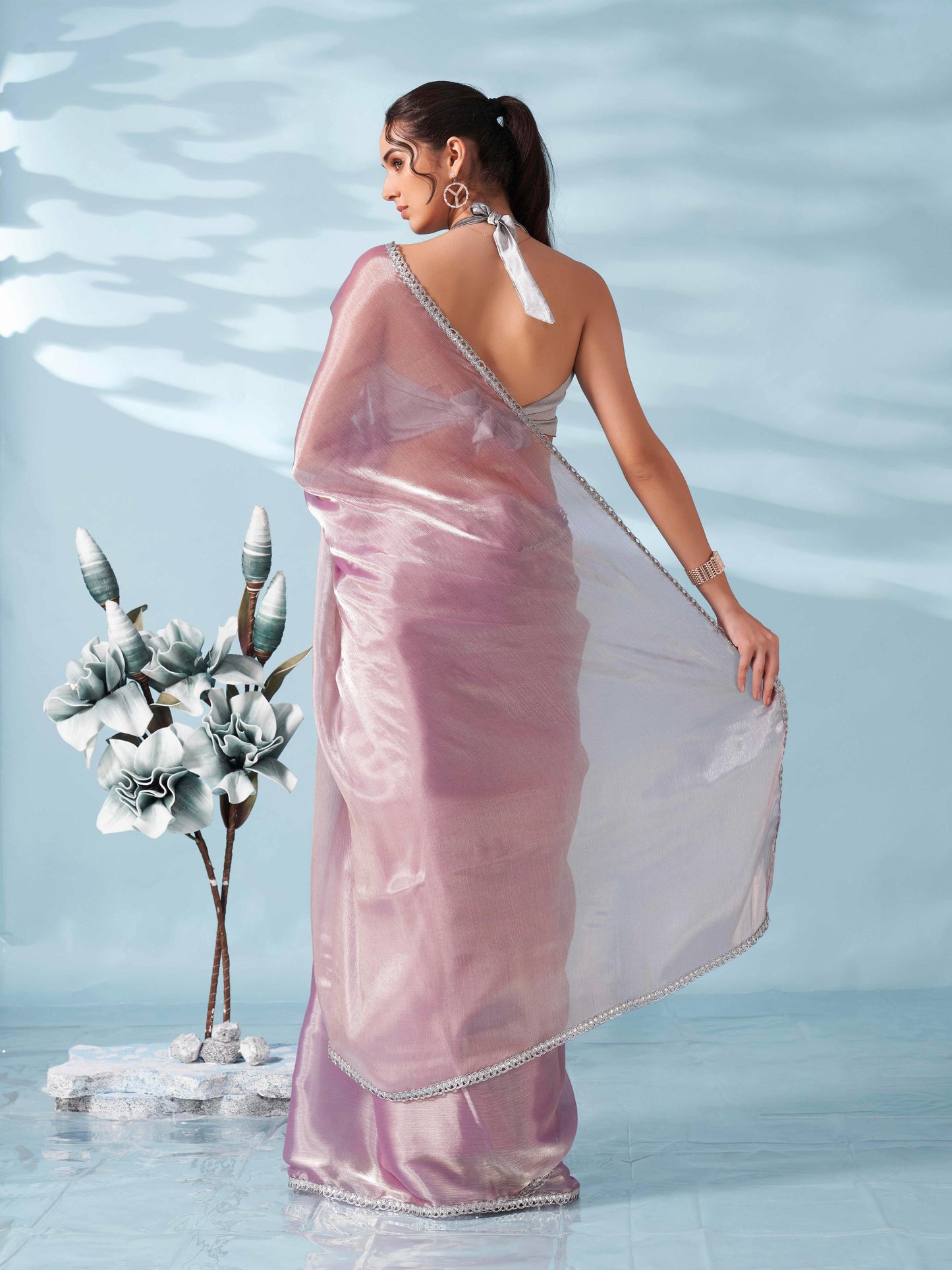 Dhiyona TI Women's Lavender Colored Shimmer Satin Lace Saree With Unstitched Blouse