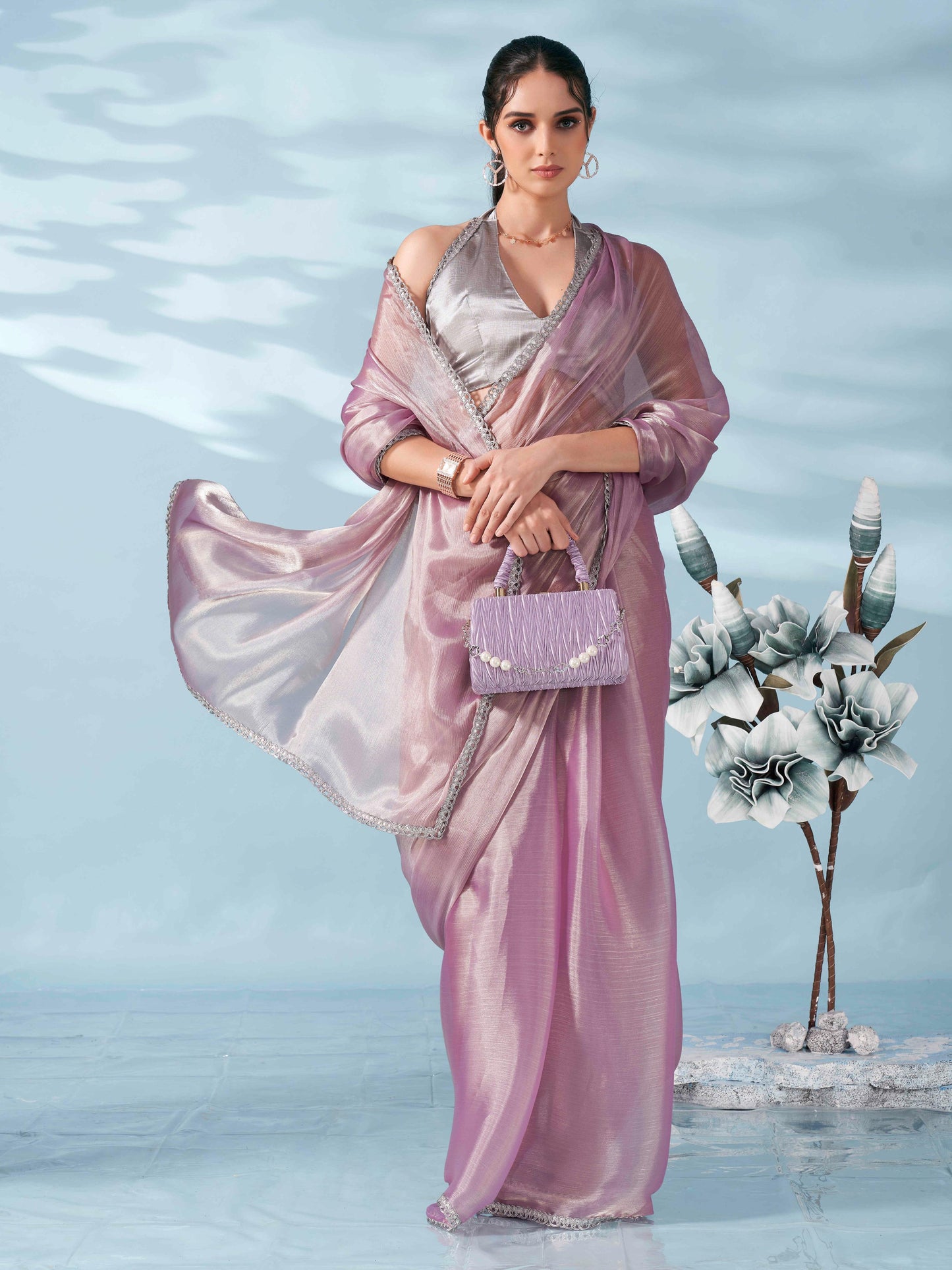 Dhiyona TI Women's Lavender Colored Shimmer Satin Lace Saree With Unstitched Blouse