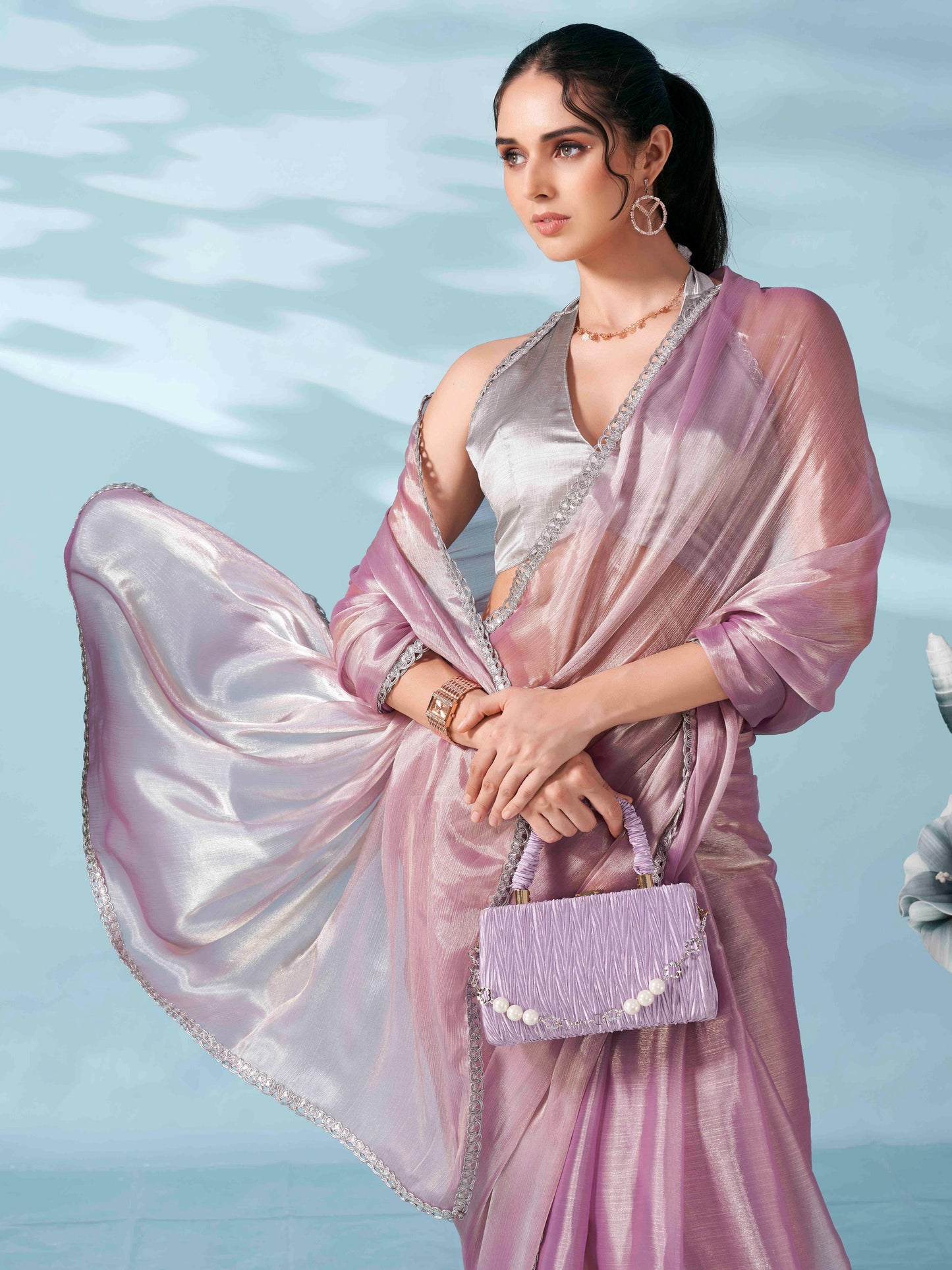 Dhiyona TI Women's Lavender Colored Shimmer Satin Lace Saree With Unstitched Blouse