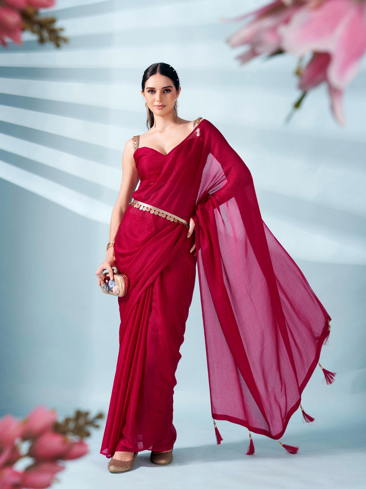 Dhiyona TI Women's Pink Zari Weaving Satin Saree With Unstitched Blouse