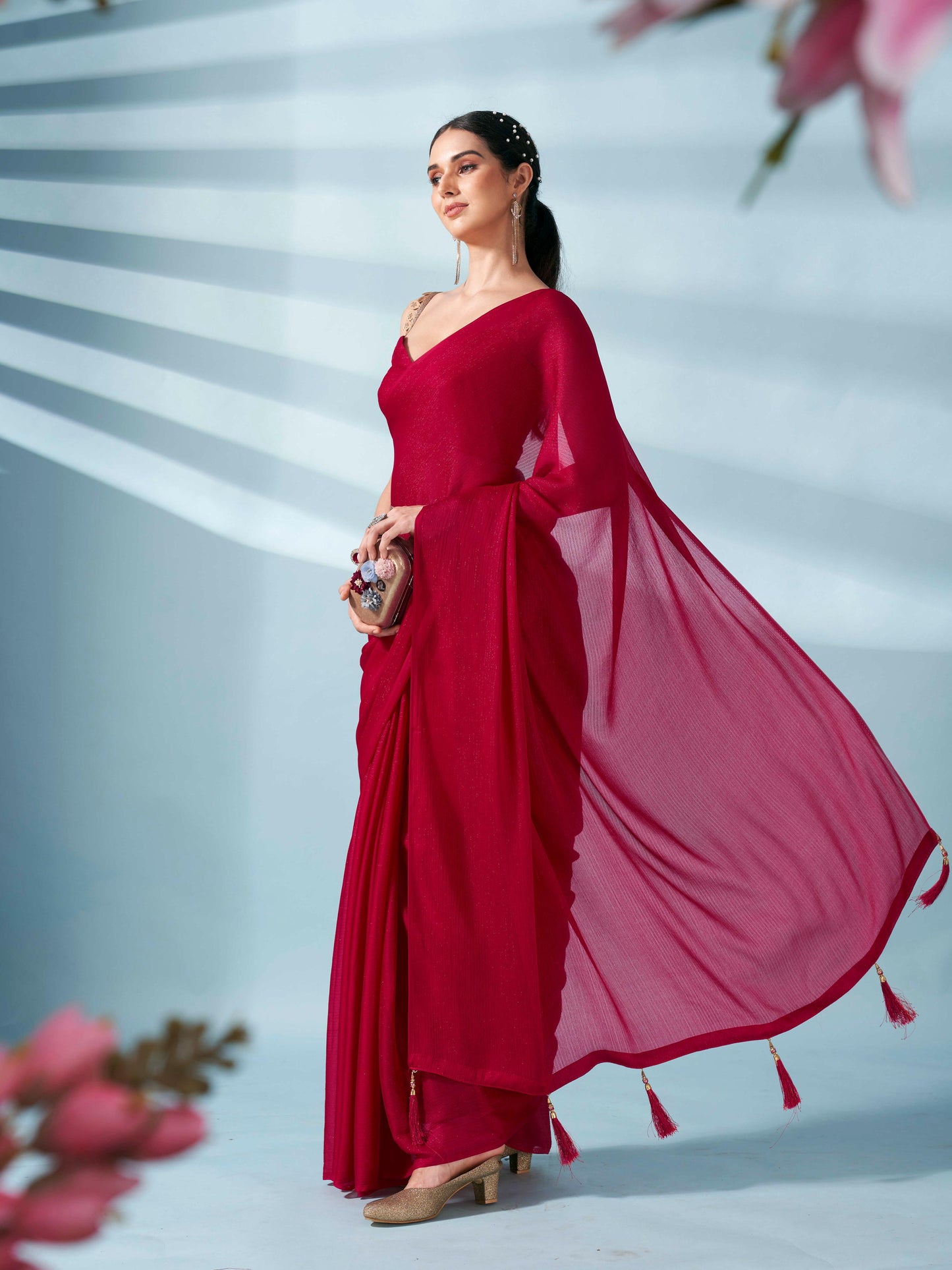 Dhiyona TI Women's Pink Zari Weaving Satin Saree With Unstitched Blouse