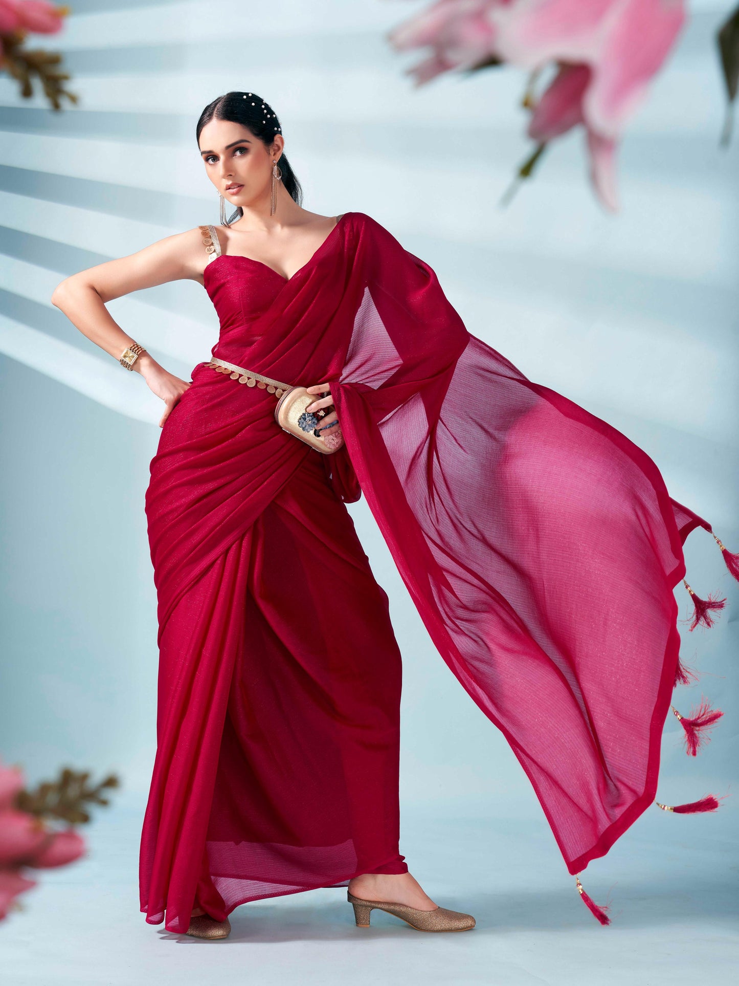 Dhiyona TI Women's Pink Zari Weaving Satin Saree With Unstitched Blouse