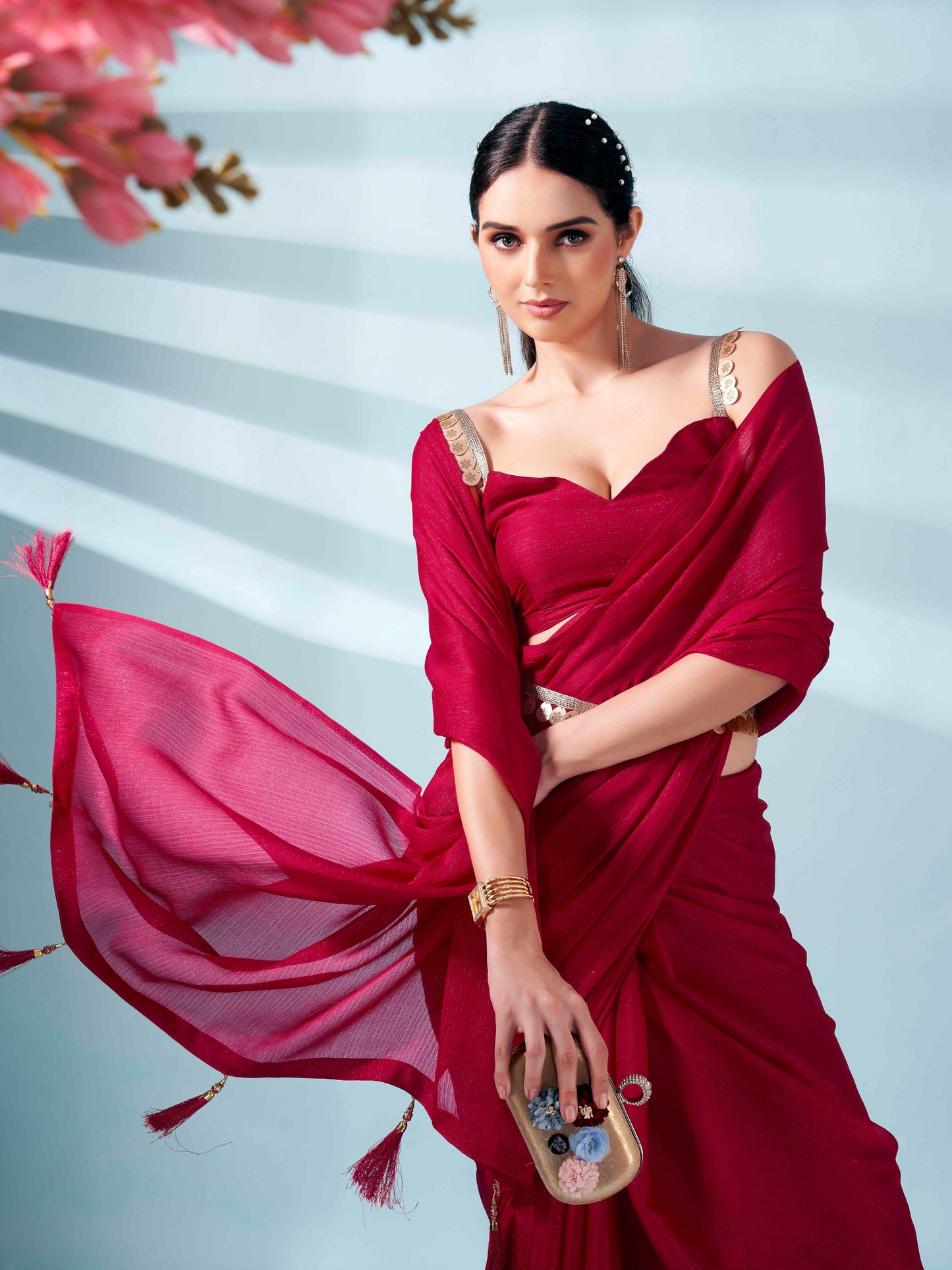 Dhiyona TI Women's Pink Zari Weaving Satin Saree With Unstitched Blouse