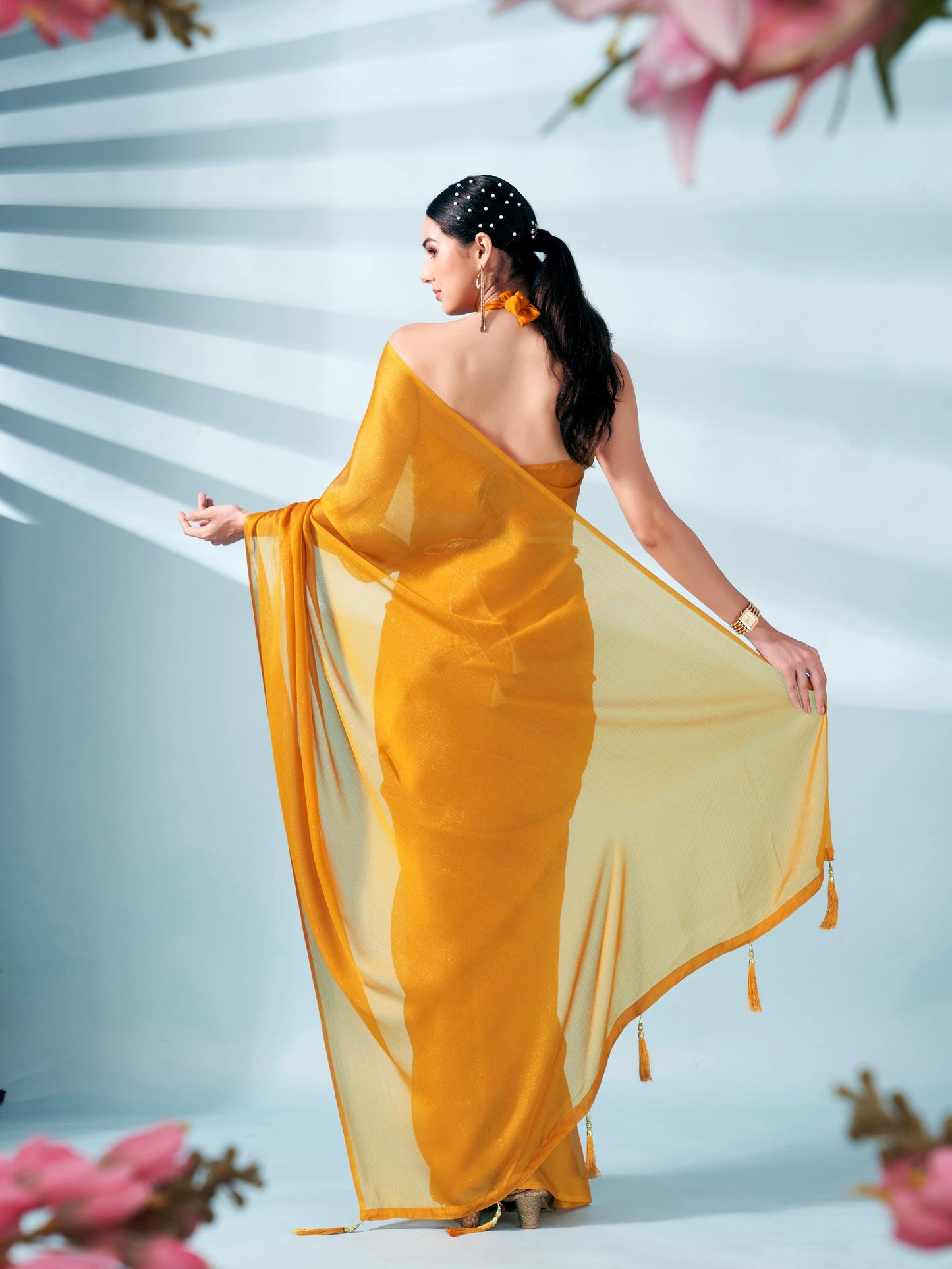 Dhiyona TI Women's Mustard Colored Zari Weaving Satin Saree With Unstitched Blouse