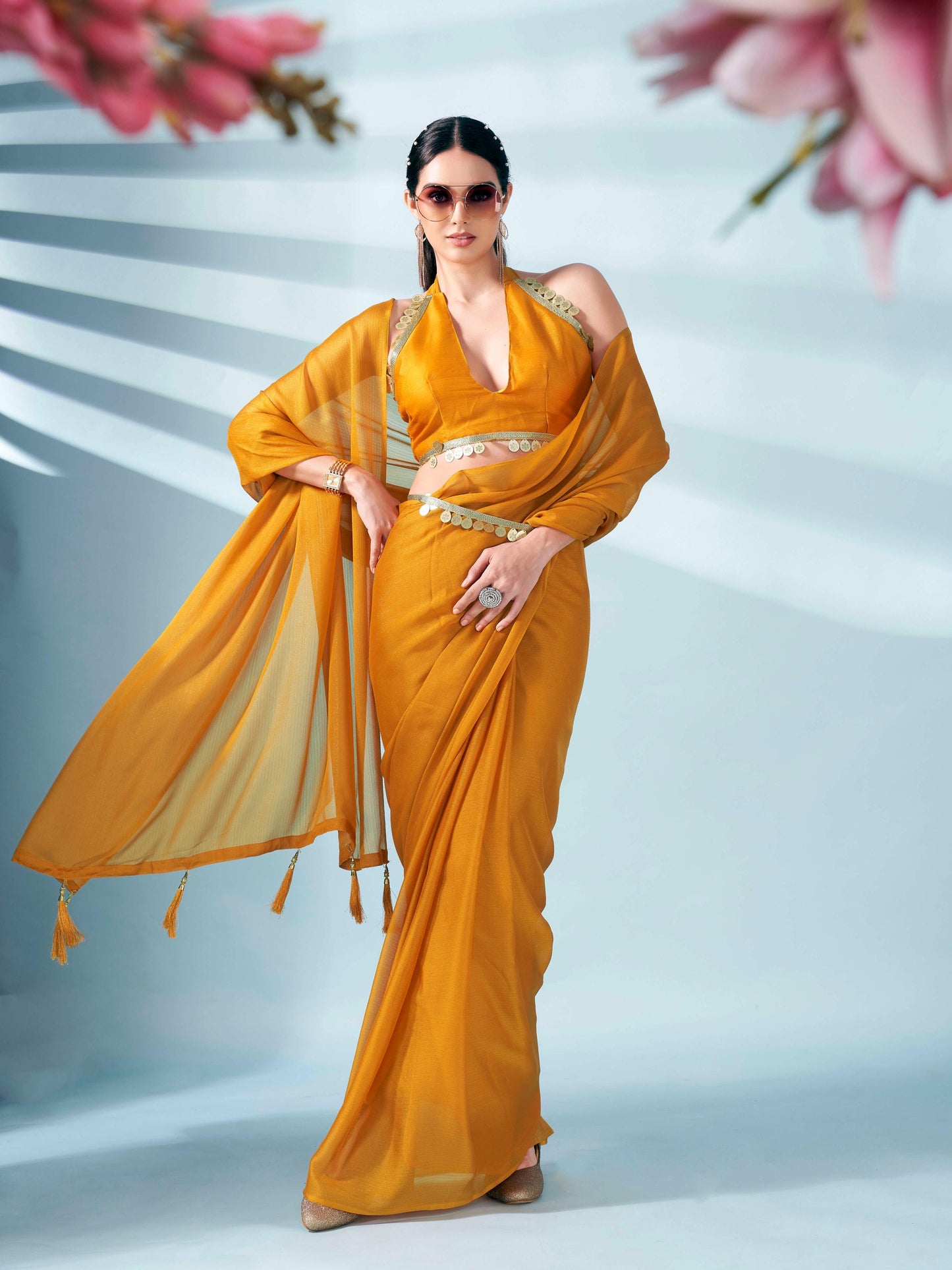 Dhiyona TI Women's Mustard Colored Zari Weaving Satin Saree With Unstitched Blouse