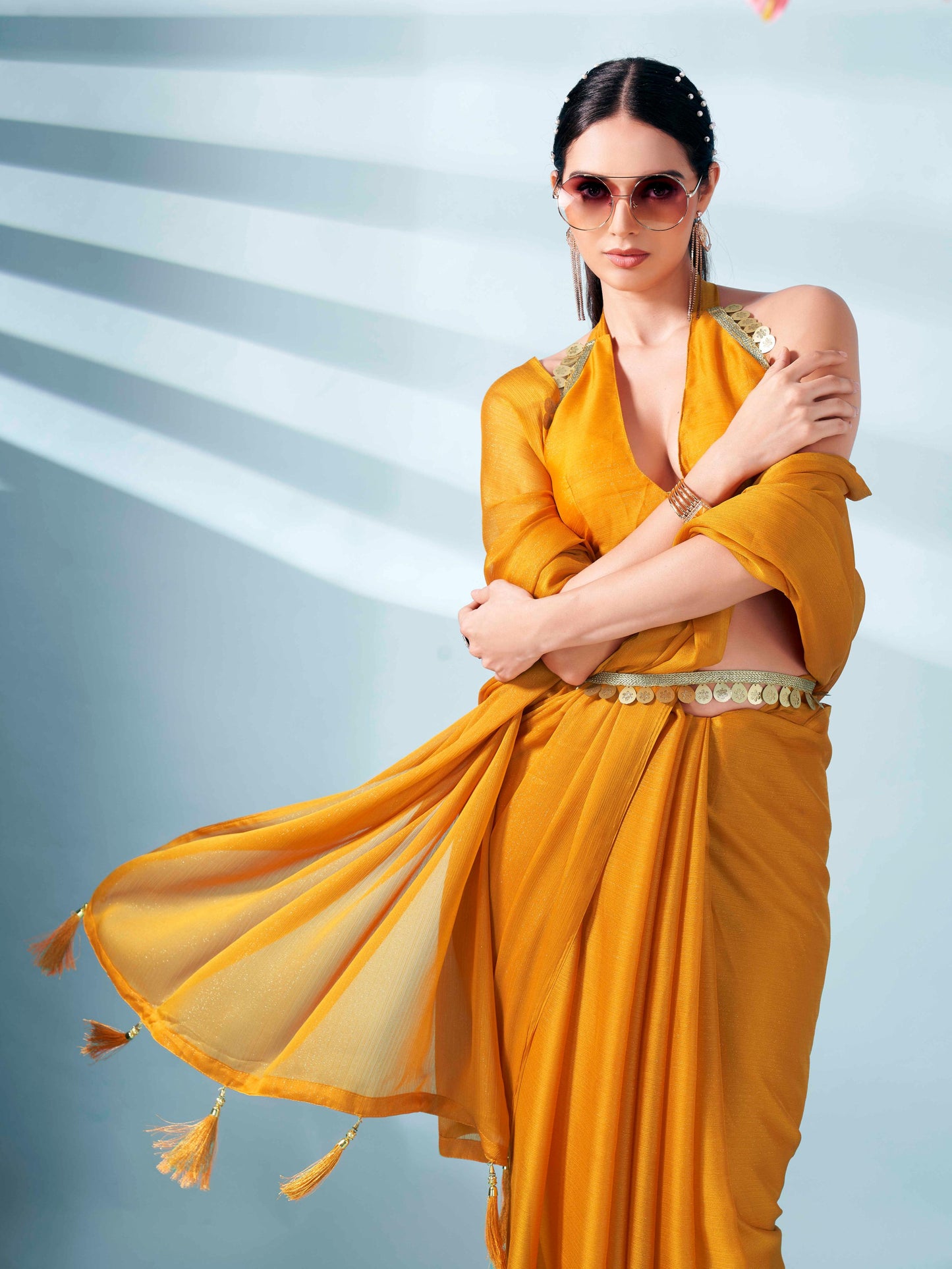Dhiyona TI Women's Mustard Colored Zari Weaving Satin Saree With Unstitched Blouse