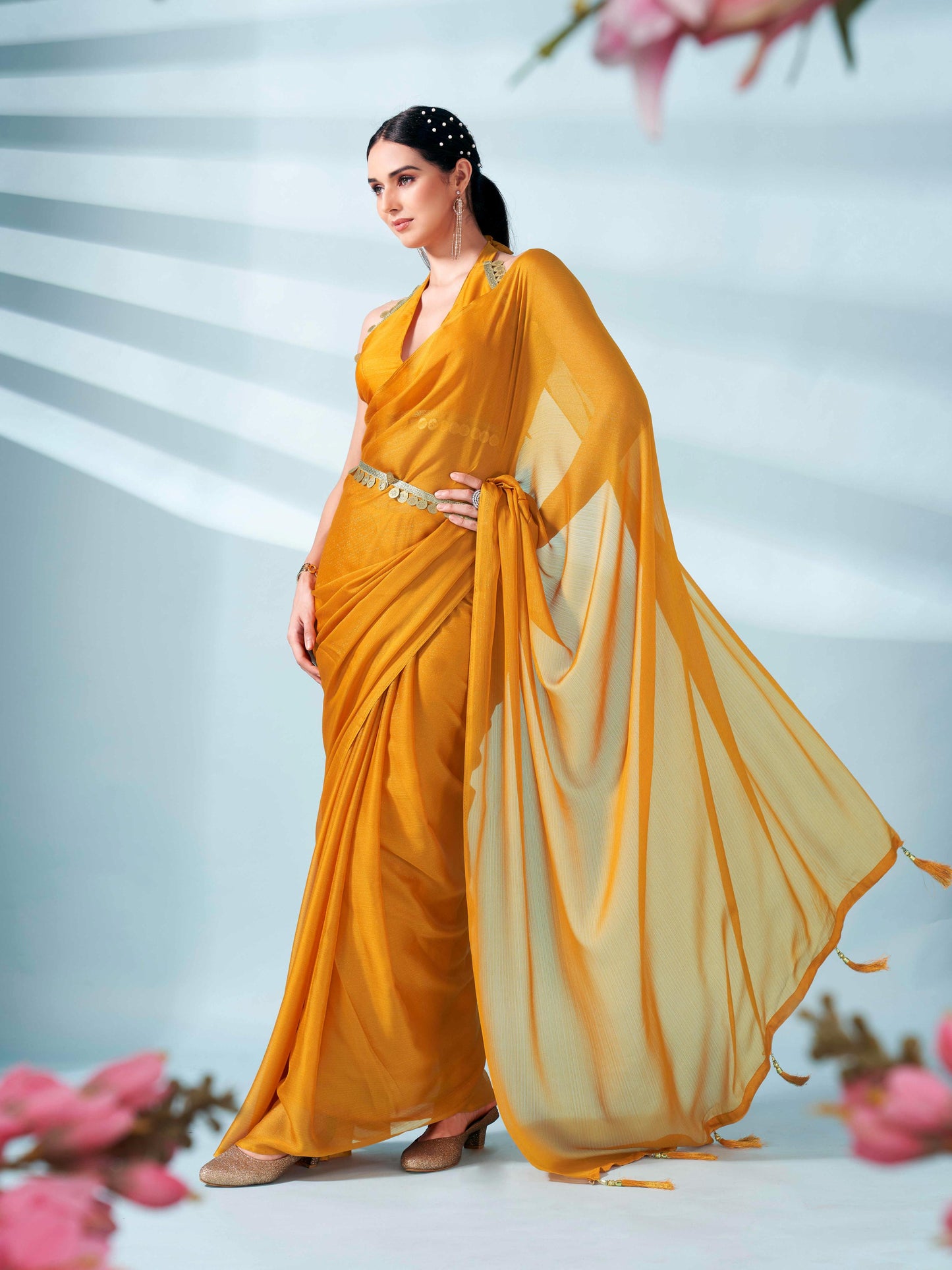 Dhiyona TI Women's Mustard Colored Zari Weaving Satin Saree With Unstitched Blouse