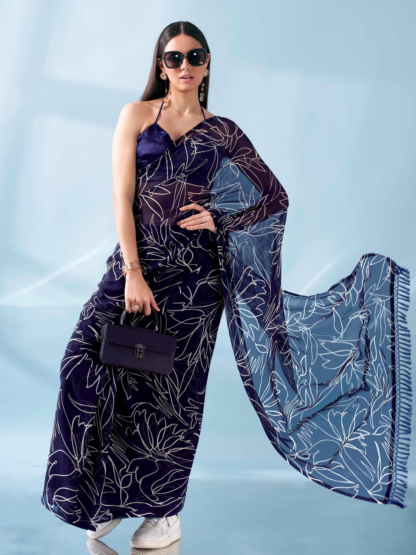 Dhiyona TI Women's Ready To Wear Printed Saree with Pockets and Tassels On Pallu with Unstitched Blouse
