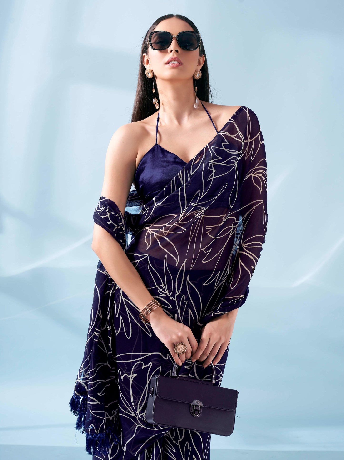 Dhiyona TI Women's Ready To Wear Printed Saree with Pockets and Tassels On Pallu with Unstitched Blouse