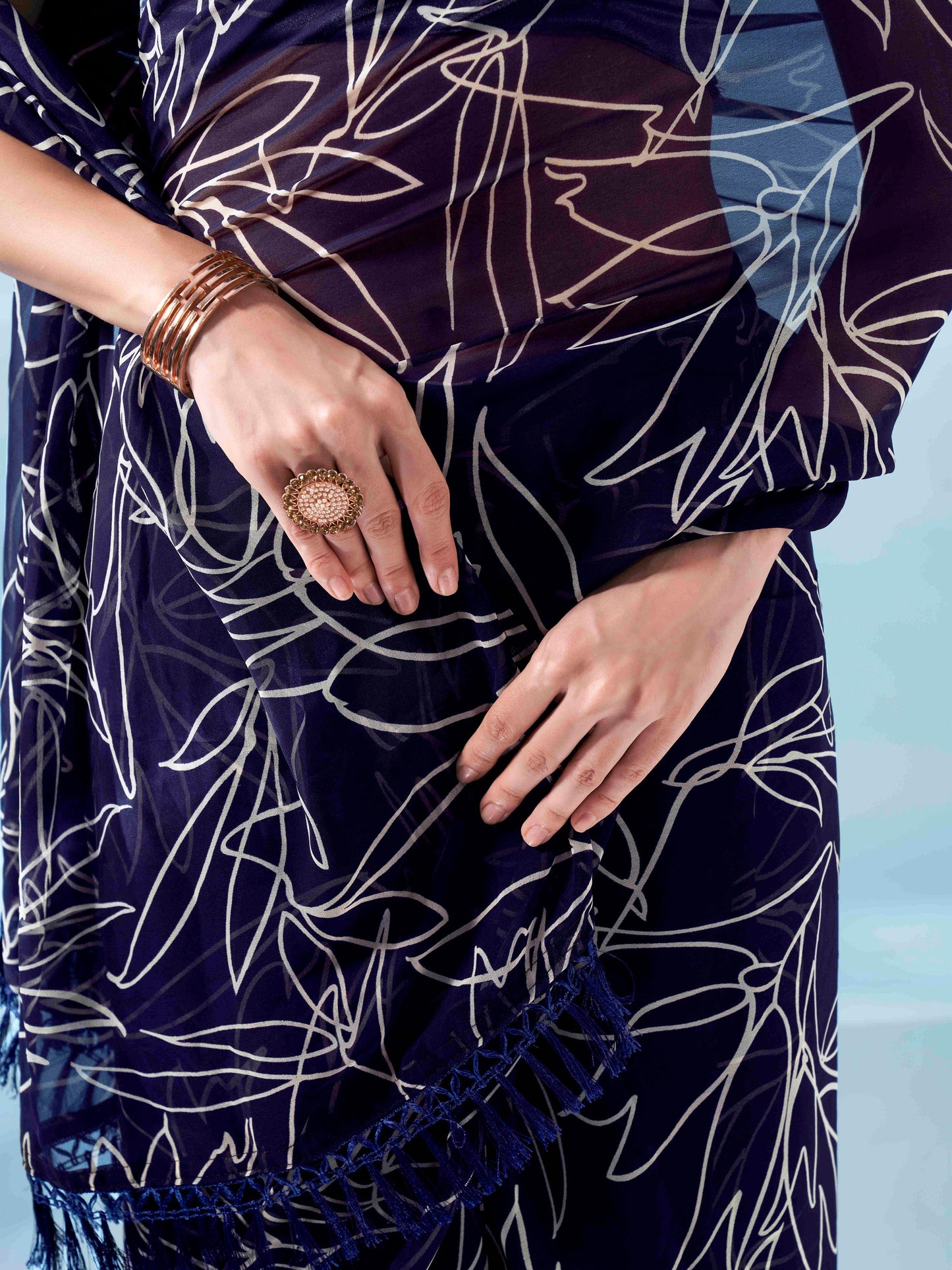 Dhiyona TI Women's Ready To Wear Printed Saree with Pockets and Tassels On Pallu with Unstitched Blouse