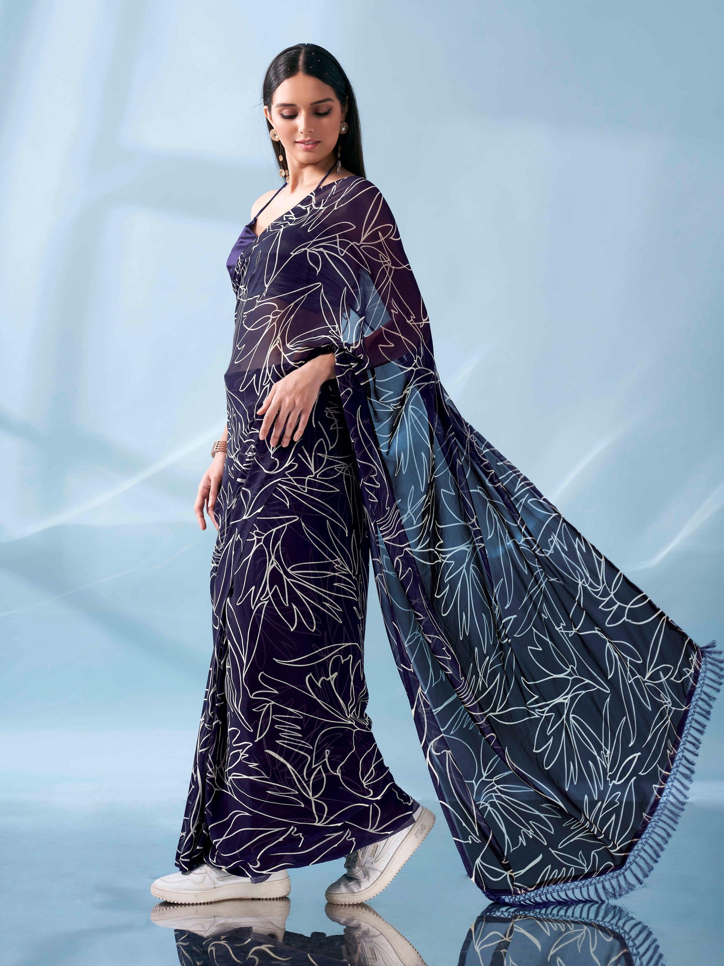 Dhiyona TI Women's Ready To Wear Printed Saree with Pockets and Tassels On Pallu with Unstitched Blouse
