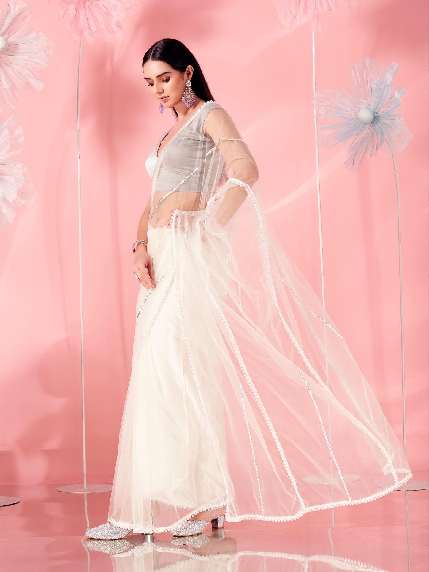 Dhiyona TI Women's Off White Coloured Designer Net Saree with Unstitched Blouse