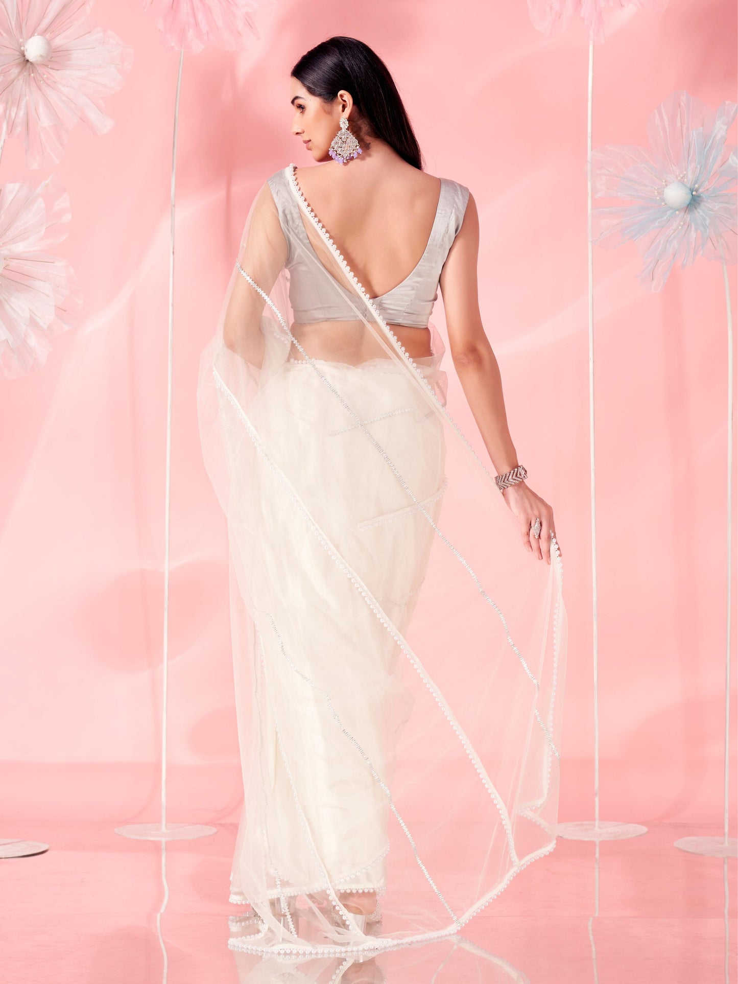 Dhiyona TI Women's Off White Coloured Designer Net Saree with Unstitched Blouse