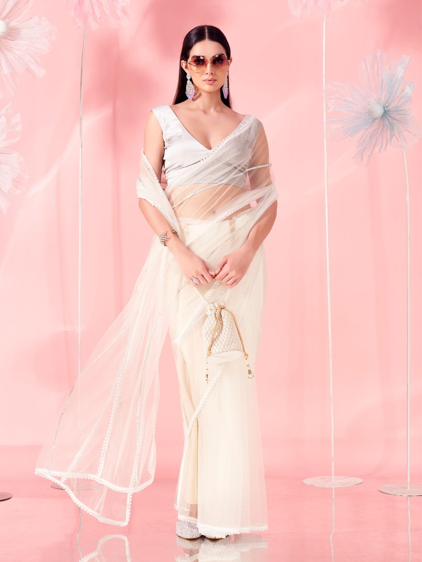 Dhiyona TI Women's Off White Coloured Designer Net Saree with Unstitched Blouse