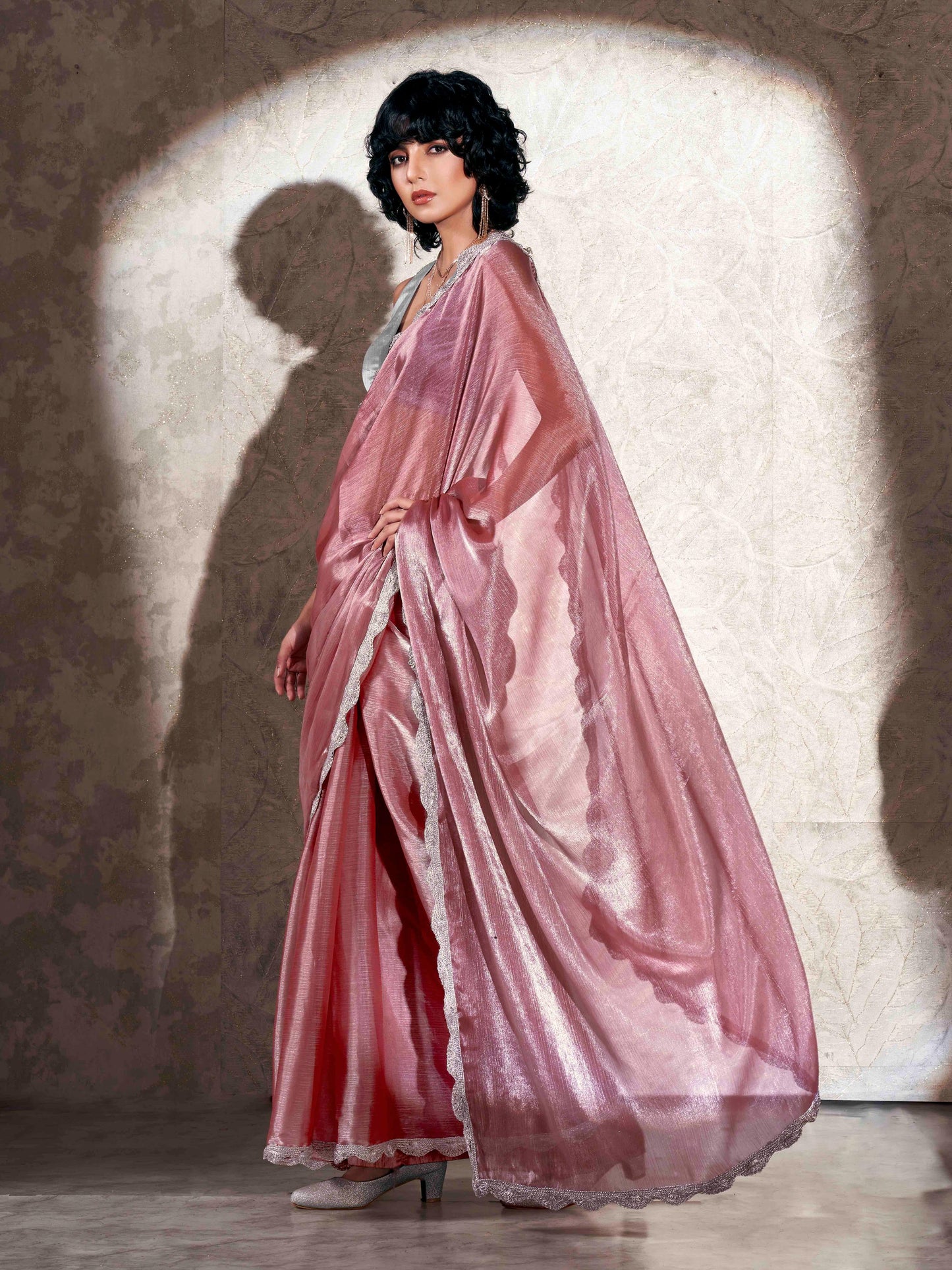 Dhiyona TI Women's Pink Colored Shimmer Chiffon Embellished Border Saree with Unstitched Blouse