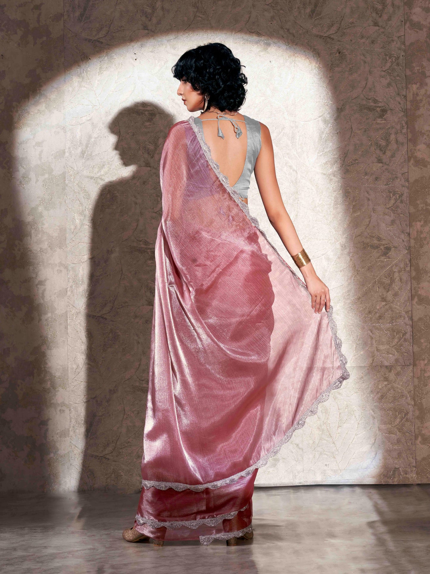 Dhiyona TI Women's Pink Colored Shimmer Chiffon Embellished Border Saree with Unstitched Blouse