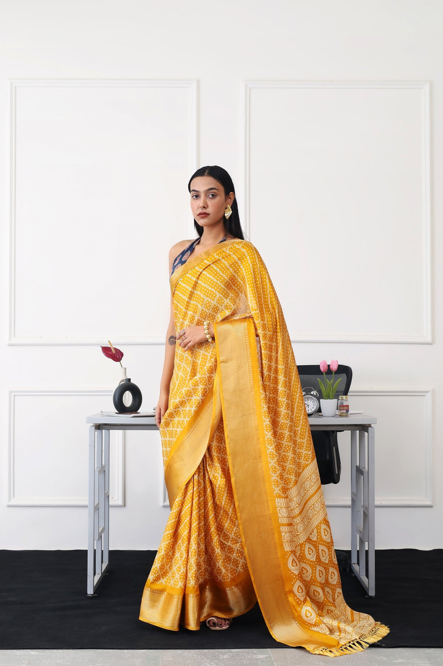 Dhiyona TI Women's Ready To Wear Mustard Printed Saree with Unstitched Blouse