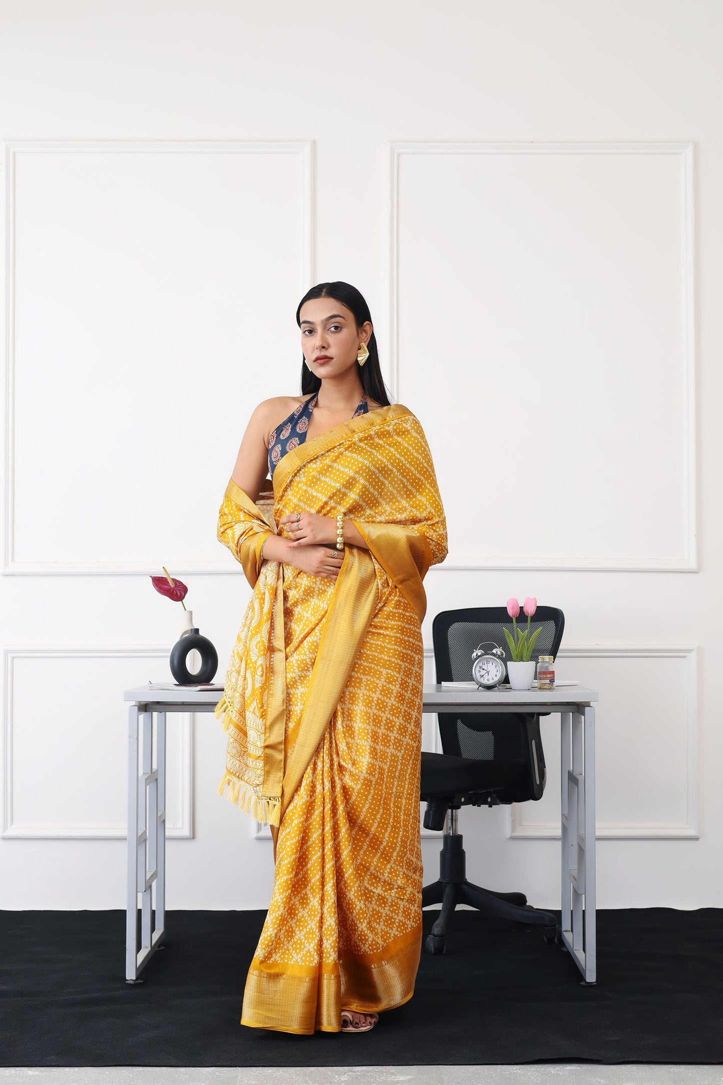 Dhiyona TI Women's Ready To Wear Mustard Printed Saree with Unstitched Blouse