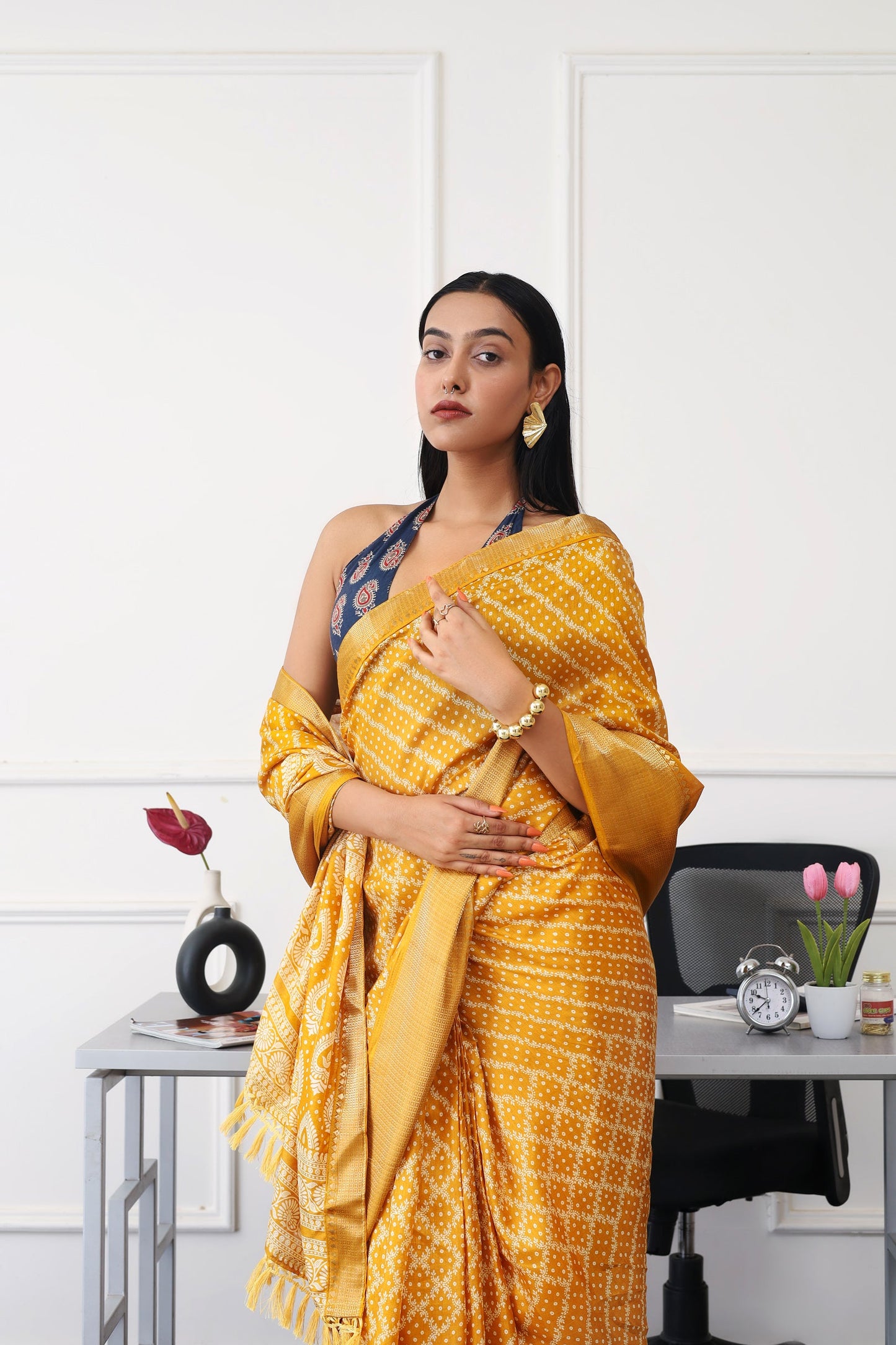 Dhiyona TI Women's Ready To Wear Mustard Printed Saree with Unstitched Blouse