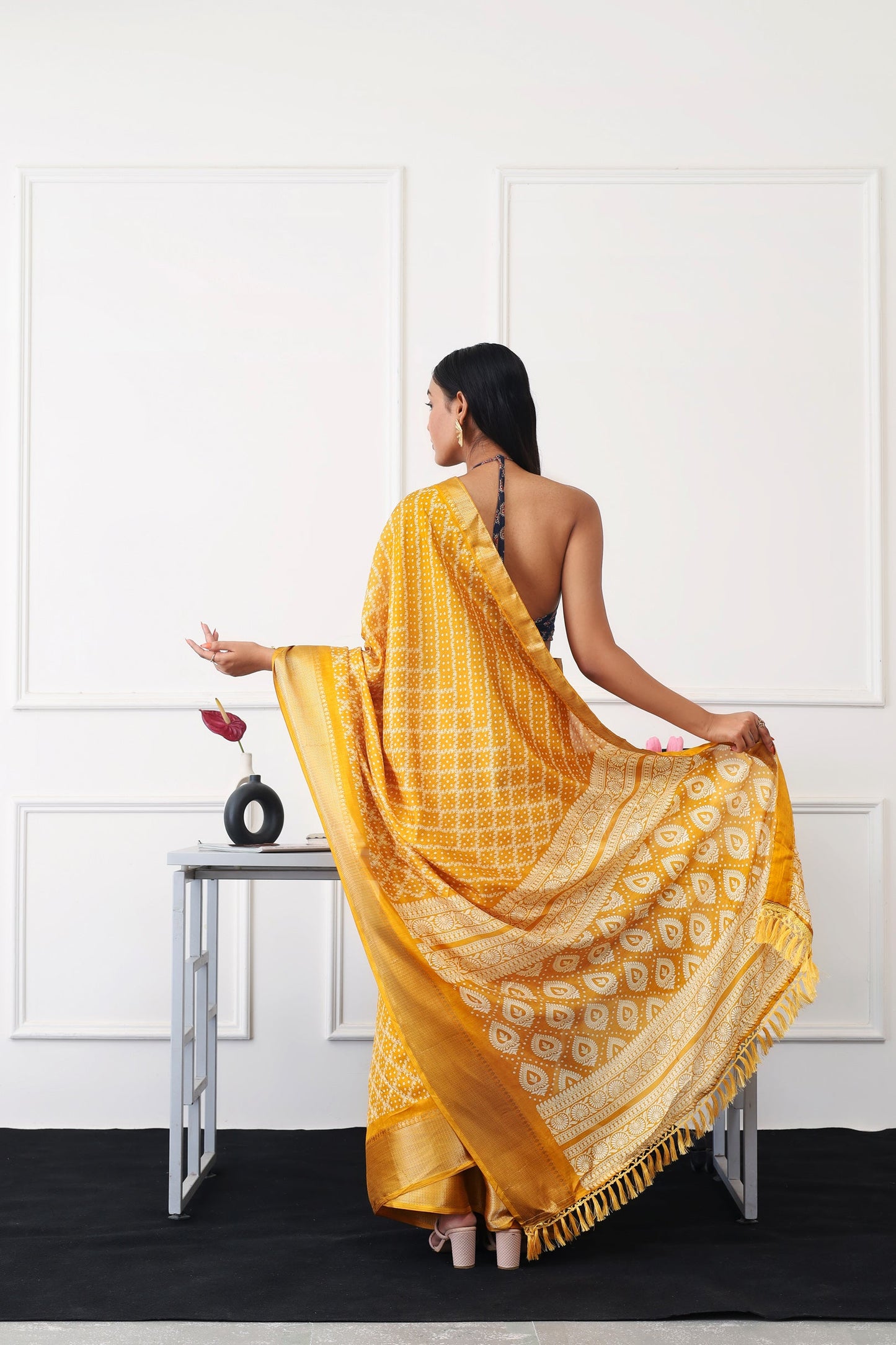 Dhiyona TI Women's Ready To Wear Mustard Printed Saree with Unstitched Blouse