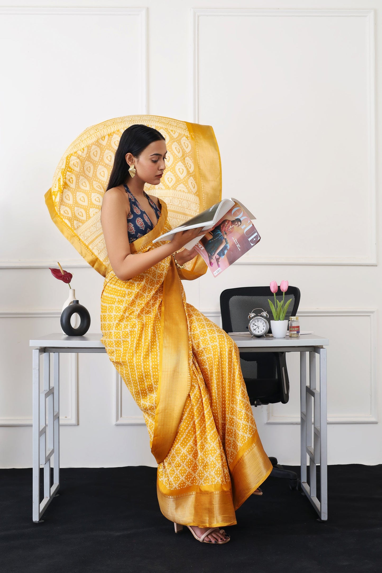 Dhiyona TI Women's Ready To Wear Mustard Printed Saree with Unstitched Blouse