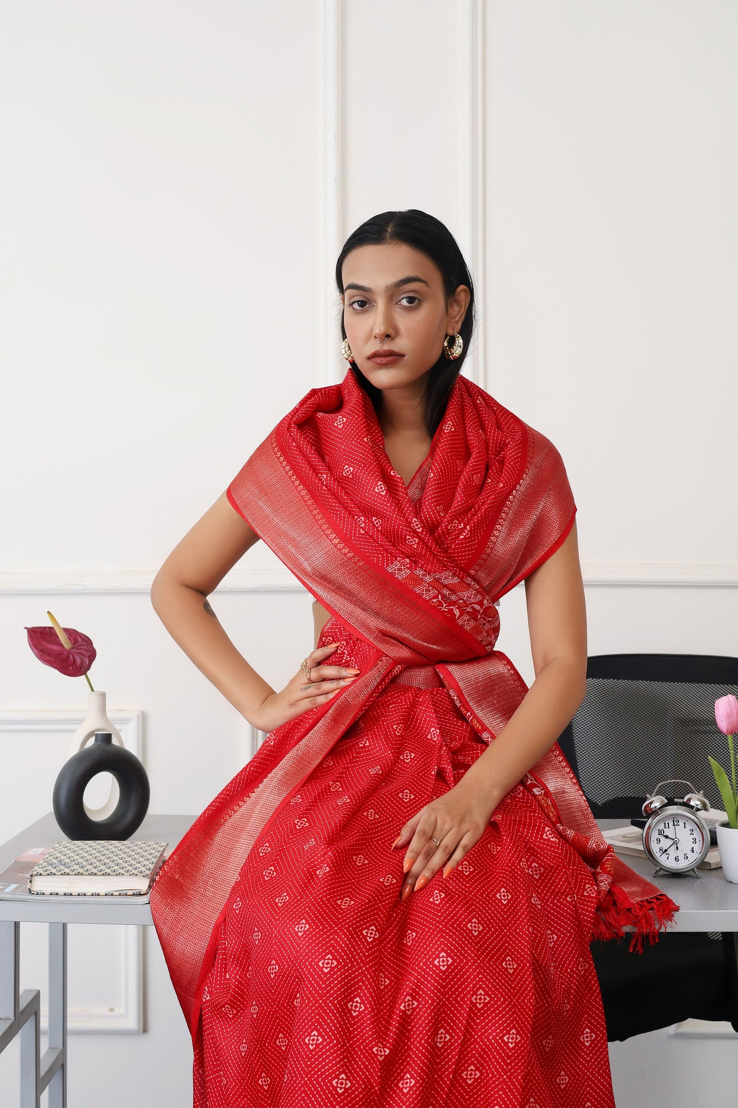 Dhiyona TI Women's Ready To Wear Red Printed Saree with Unstitched Blouse