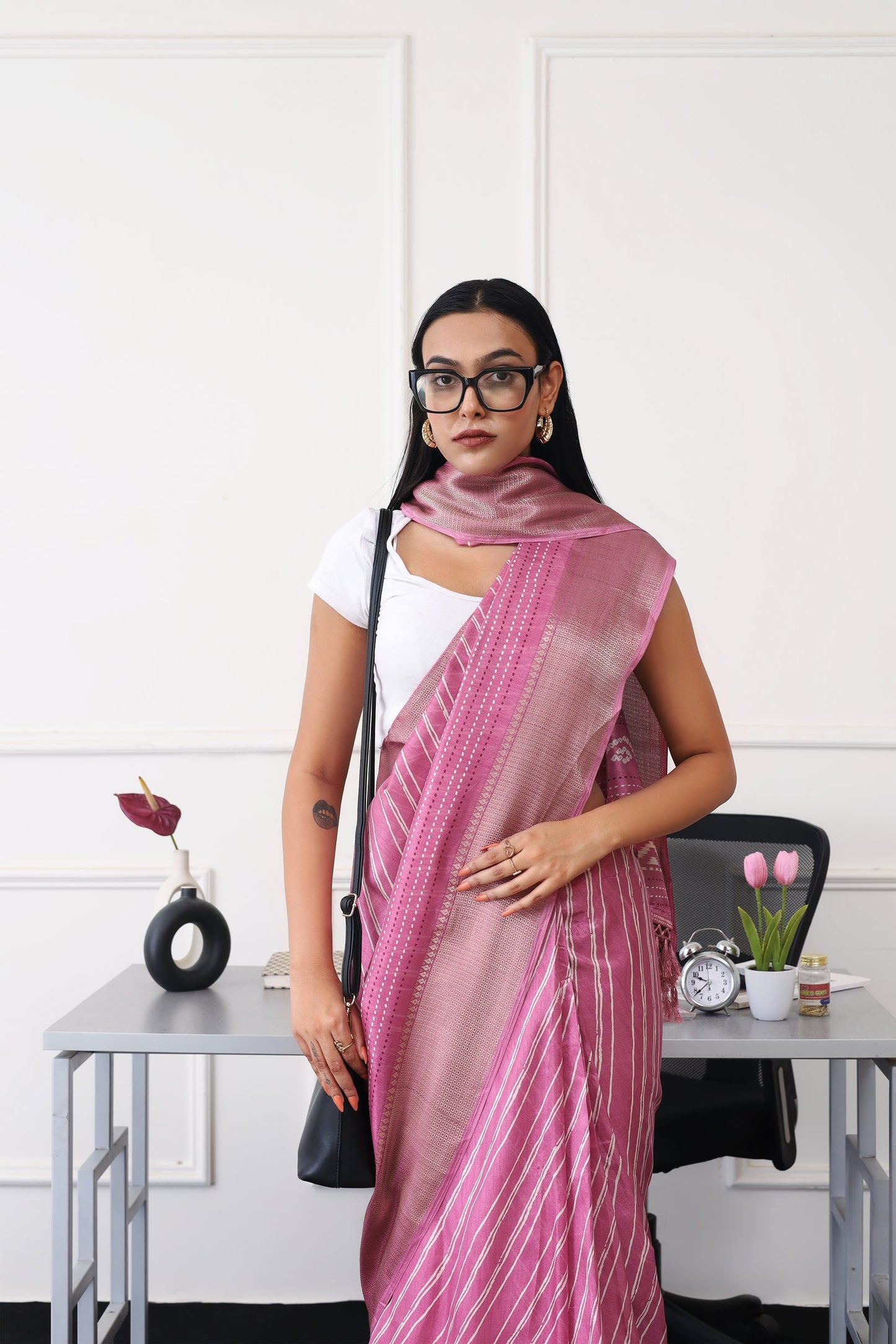 Dhiyona TI Women's Ready To Wear Pink Printed Saree with Unstitched Blouse