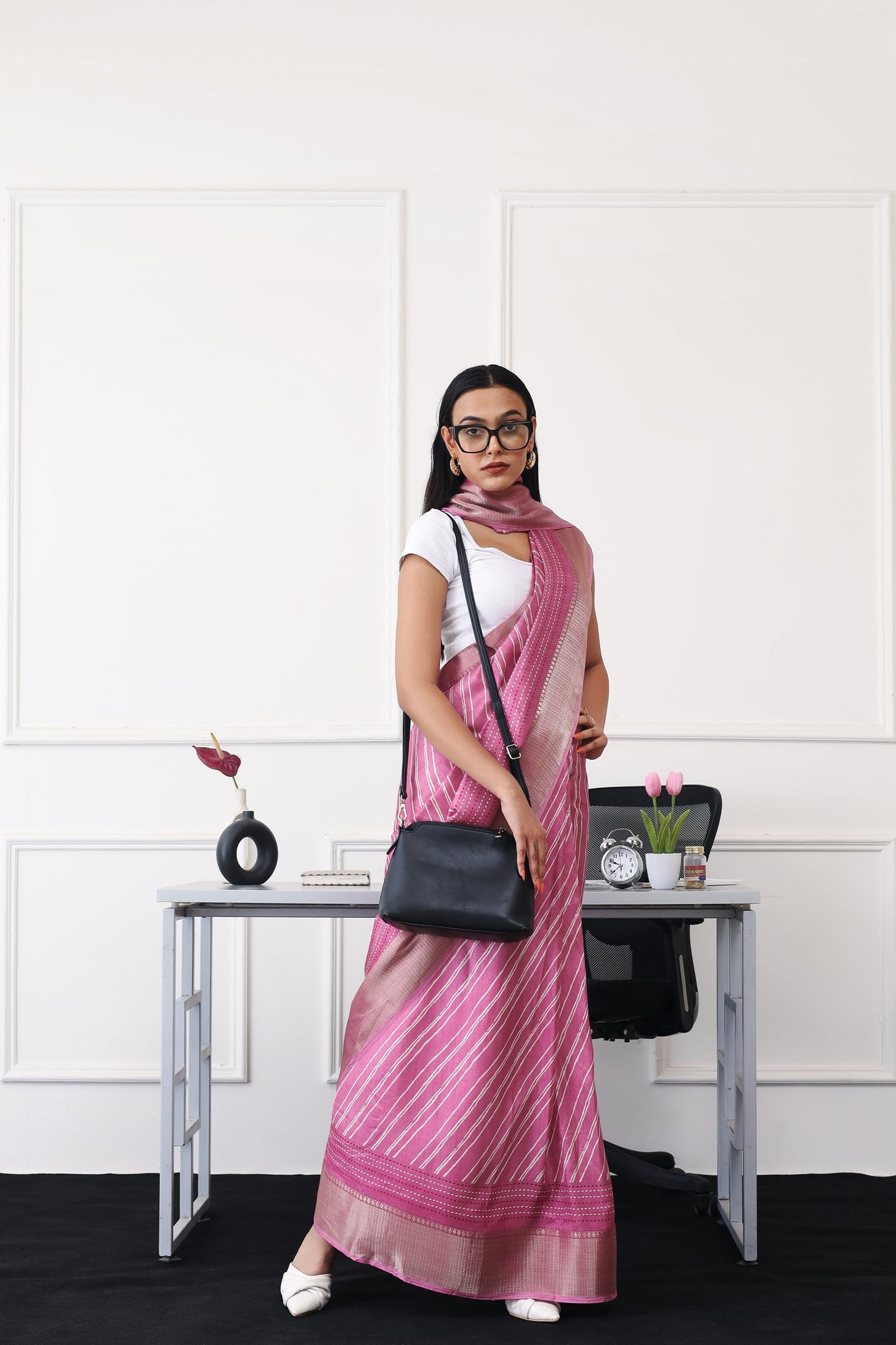 Dhiyona TI Women's Ready To Wear Pink Printed Saree with Unstitched Blouse
