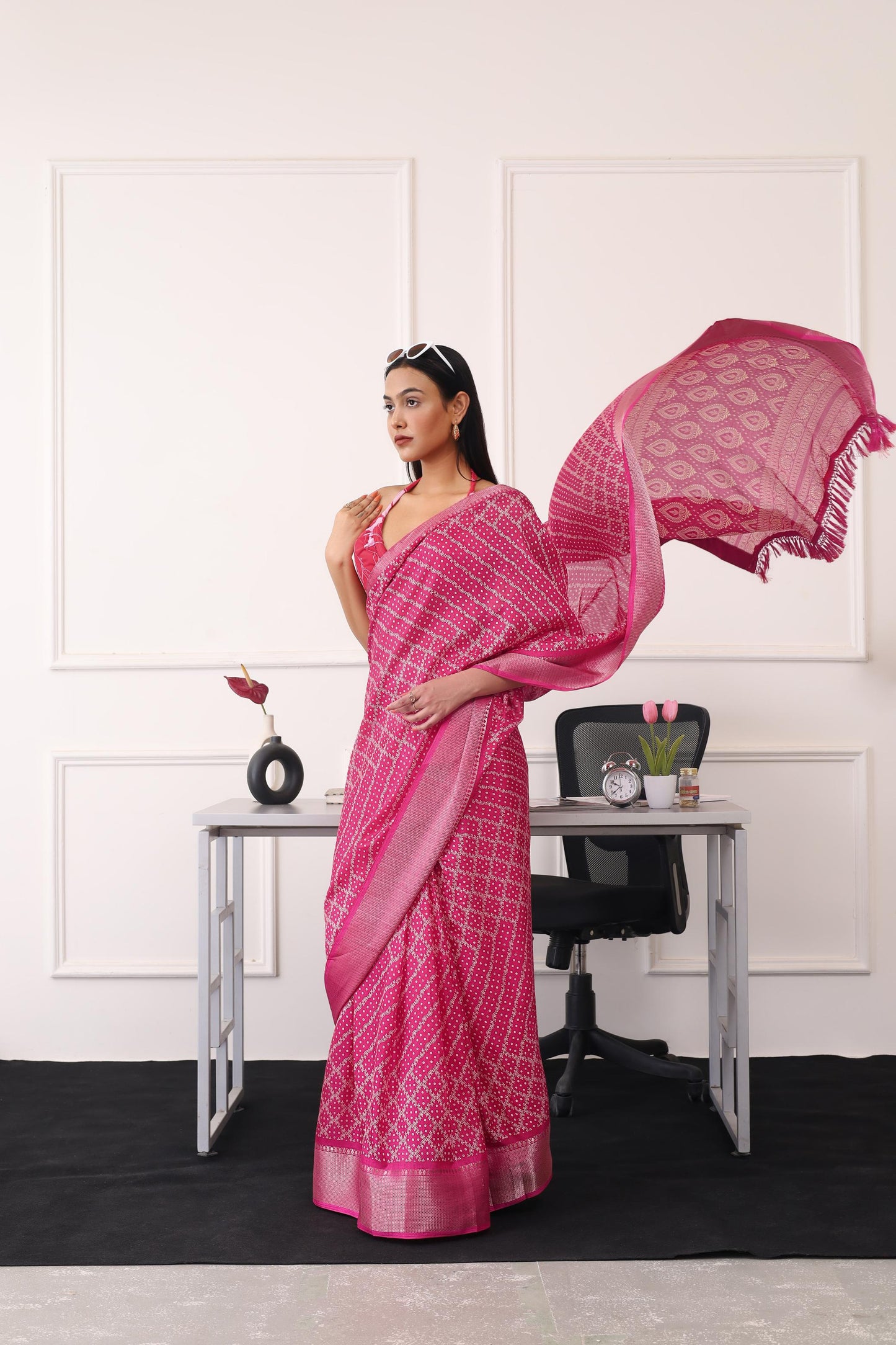 Dhiyona TI Women's Ready To Wear Pink Printed Saree with Unstitched Blouse