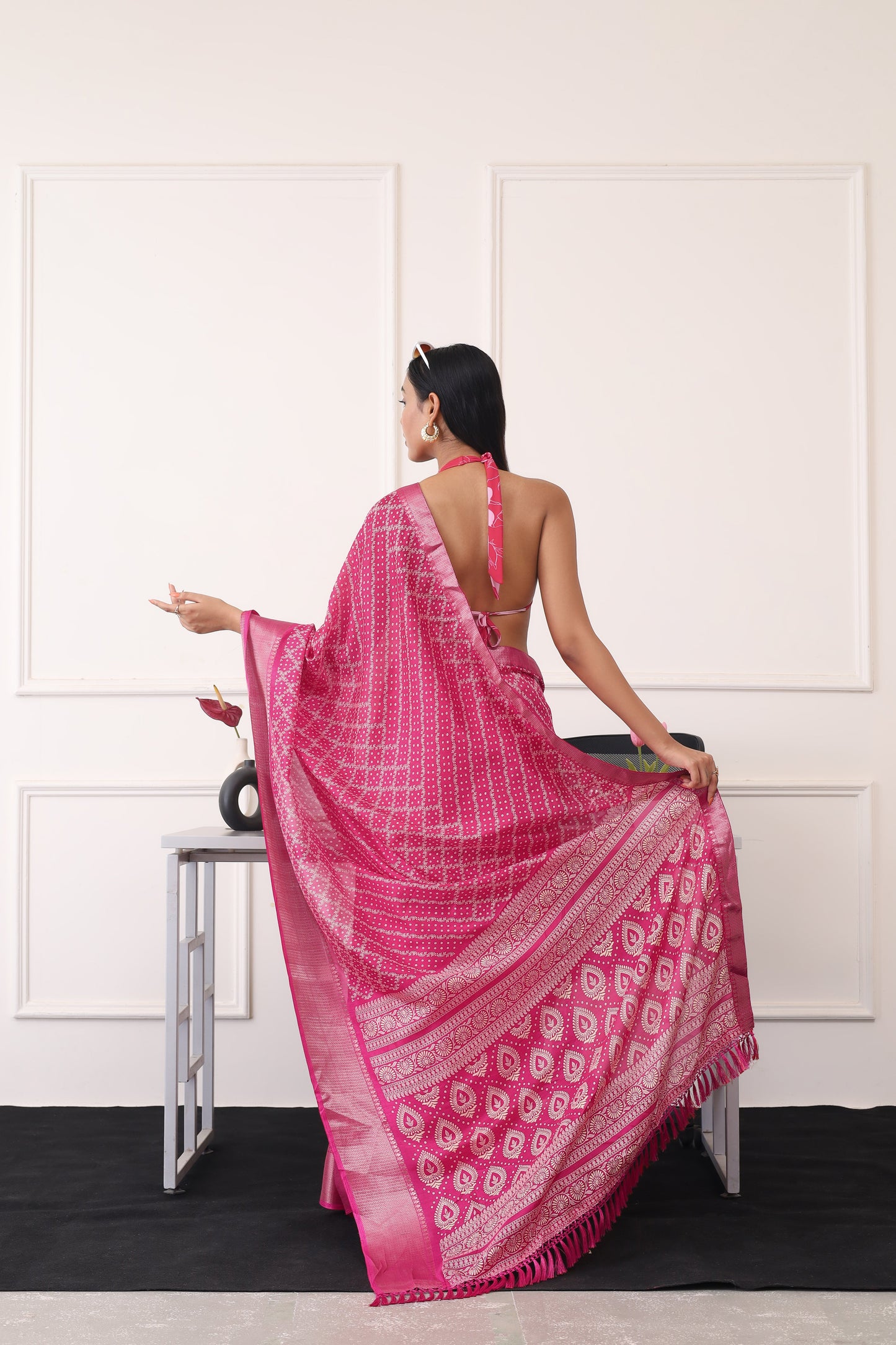 Dhiyona TI Women's Ready To Wear Pink Printed Saree with Unstitched Blouse
