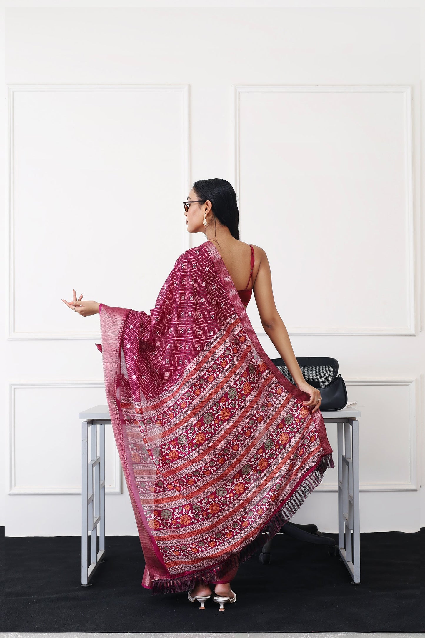 Dhiyona TI Women's Ready To Wear Magenta Printed Saree with Unstitched Blouse