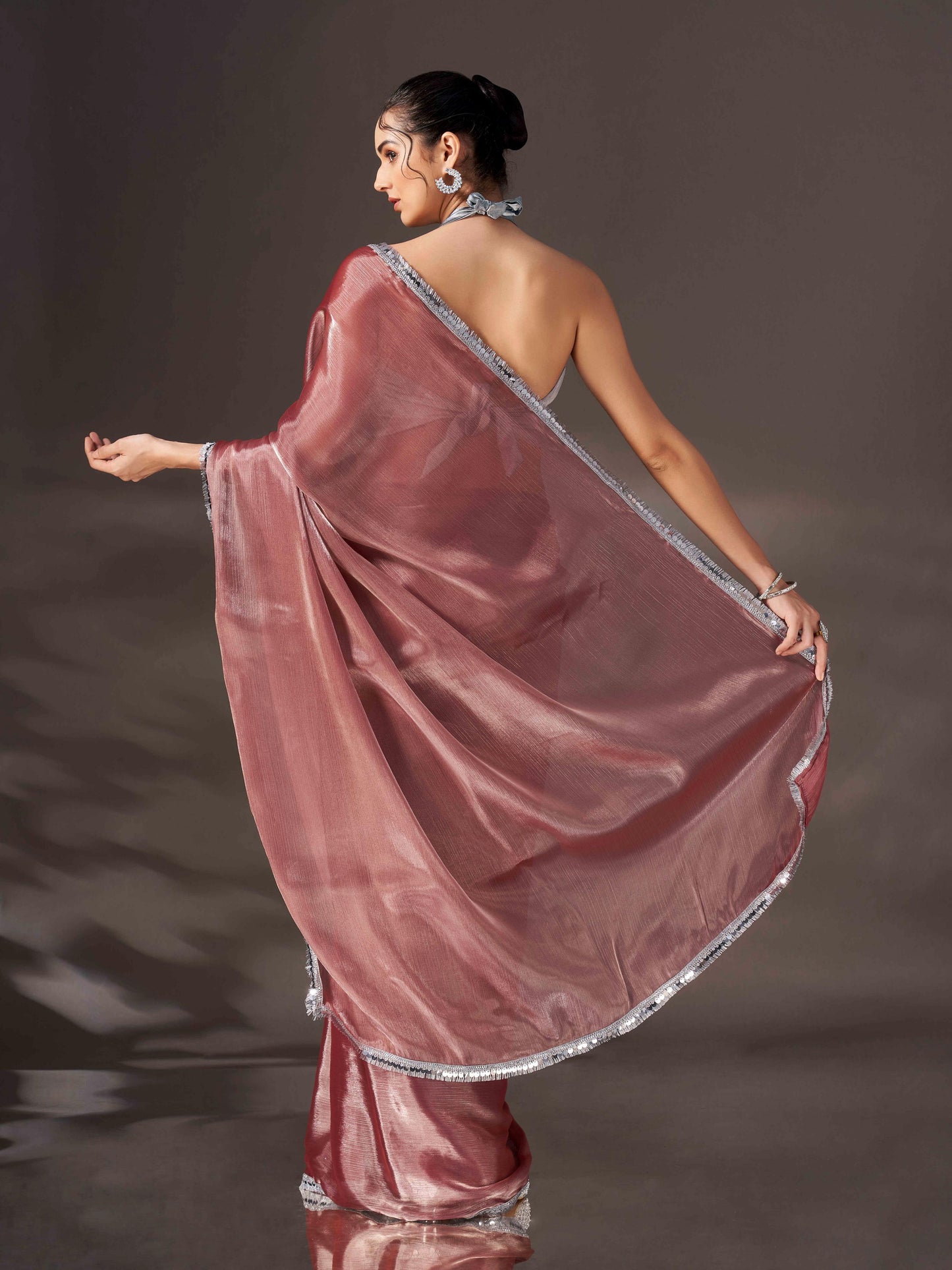 Dhiyona TI Women's Maroon Shimmer Satin Chiffon Saree With Unstitched Blouse