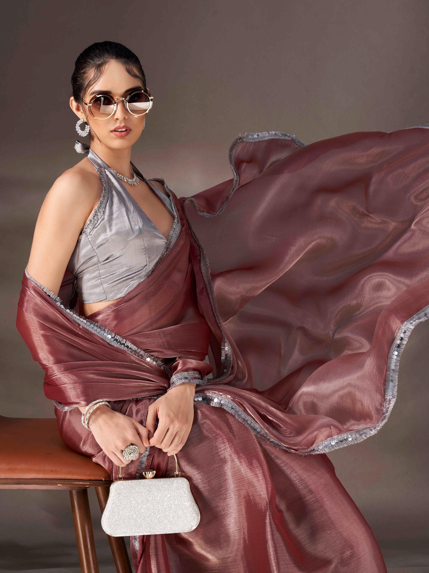 Dhiyona TI Women's Maroon Shimmer Satin Chiffon Saree With Unstitched Blouse