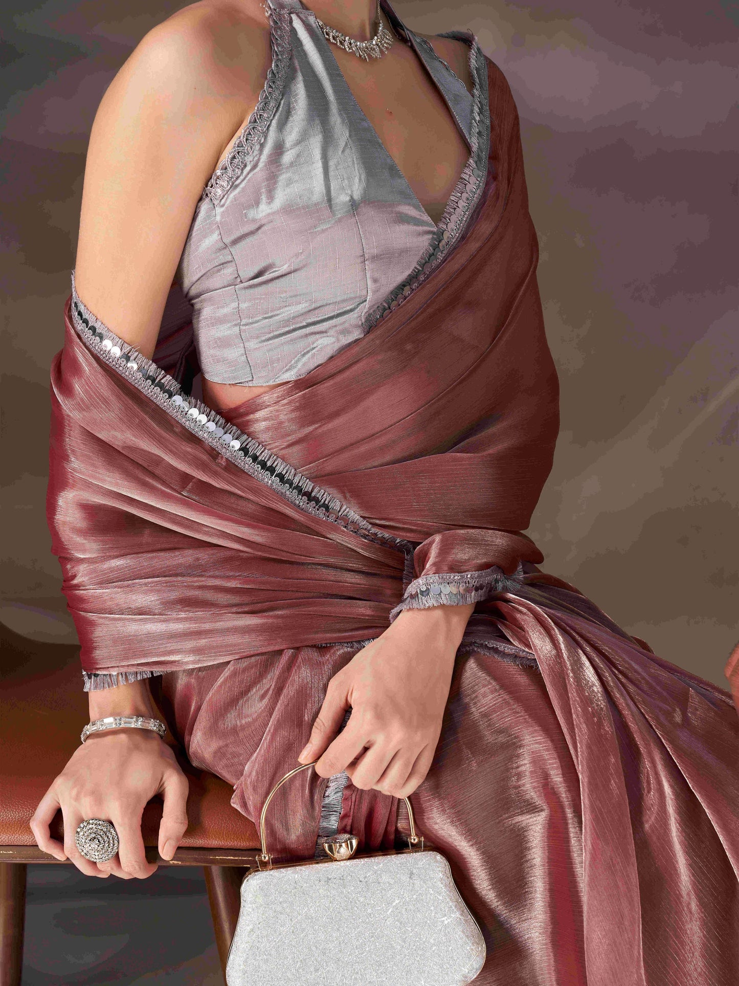 Dhiyona TI Women's Maroon Shimmer Satin Chiffon Saree With Unstitched Blouse