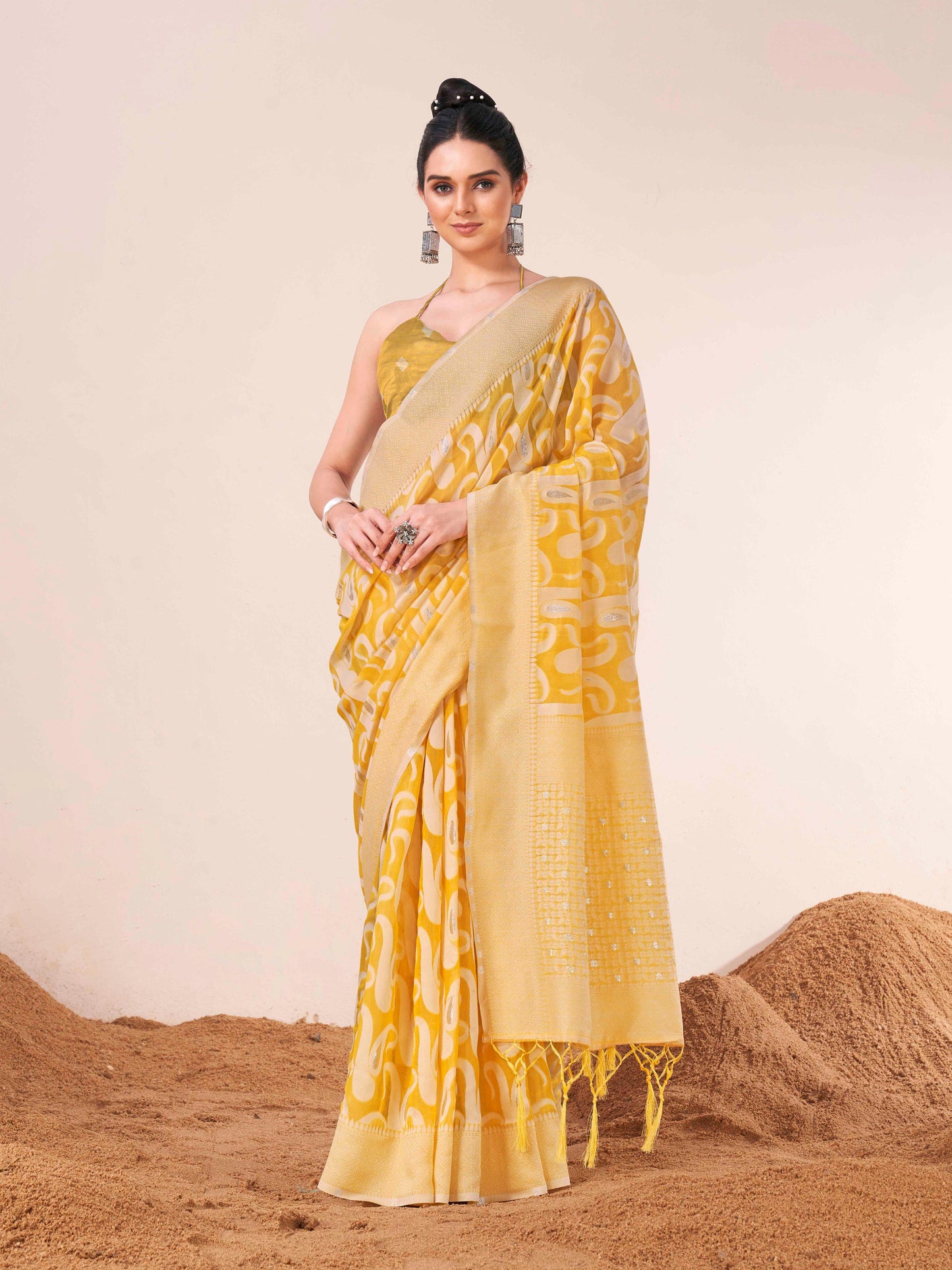 Dhiyona TI Women's Ready To Wear Yellow Woven Saree with Unstitched Blouse