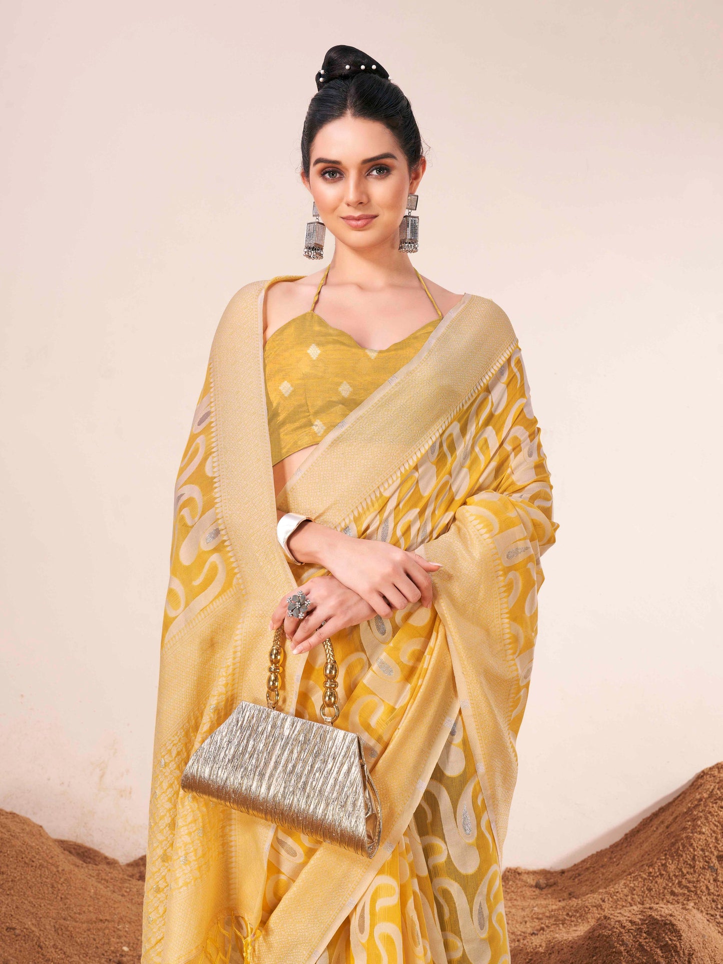 Dhiyona TI Women's Ready To Wear Yellow Woven Saree with Unstitched Blouse