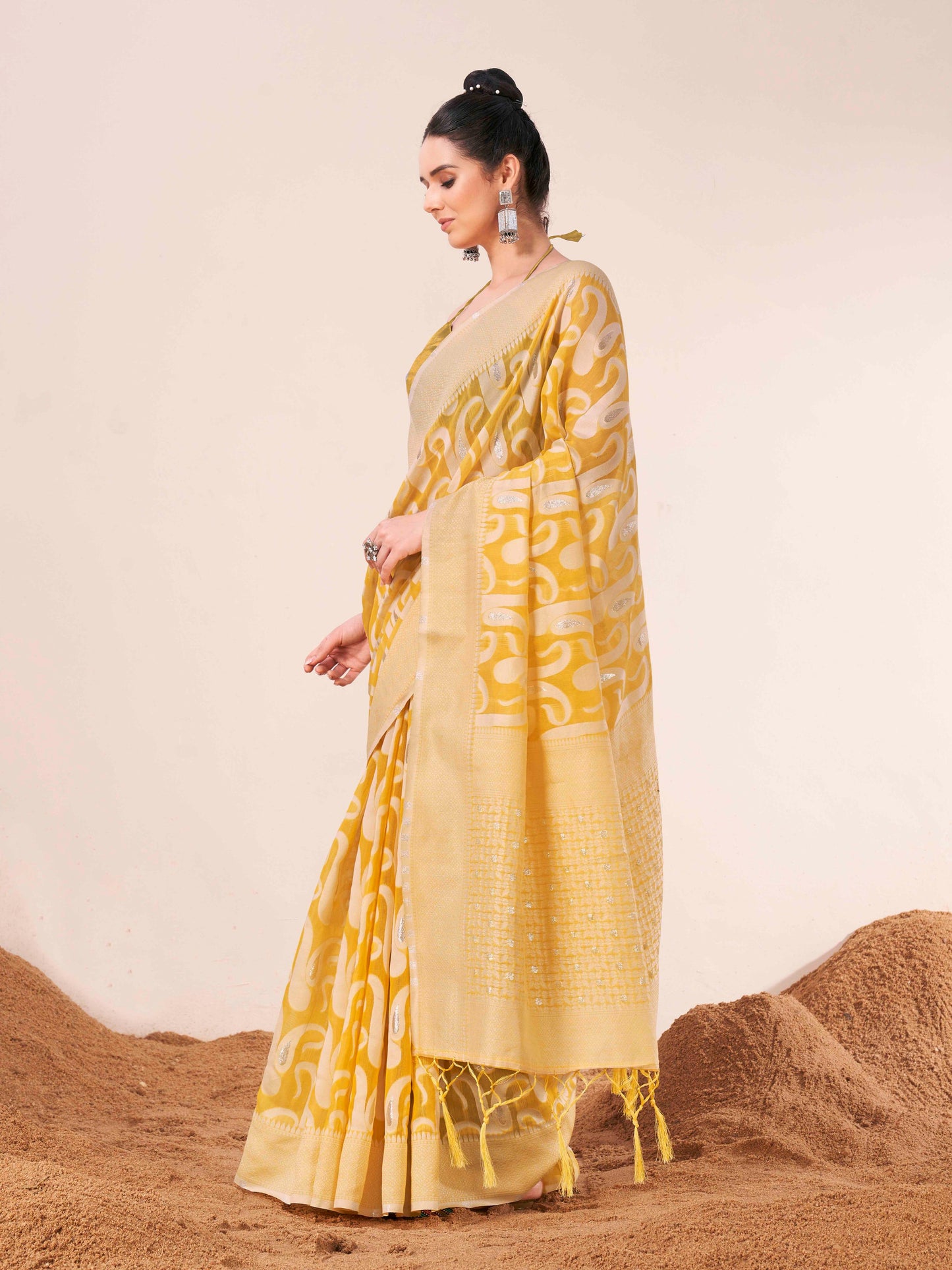 Dhiyona TI Women's Ready To Wear Yellow Woven Saree with Unstitched Blouse