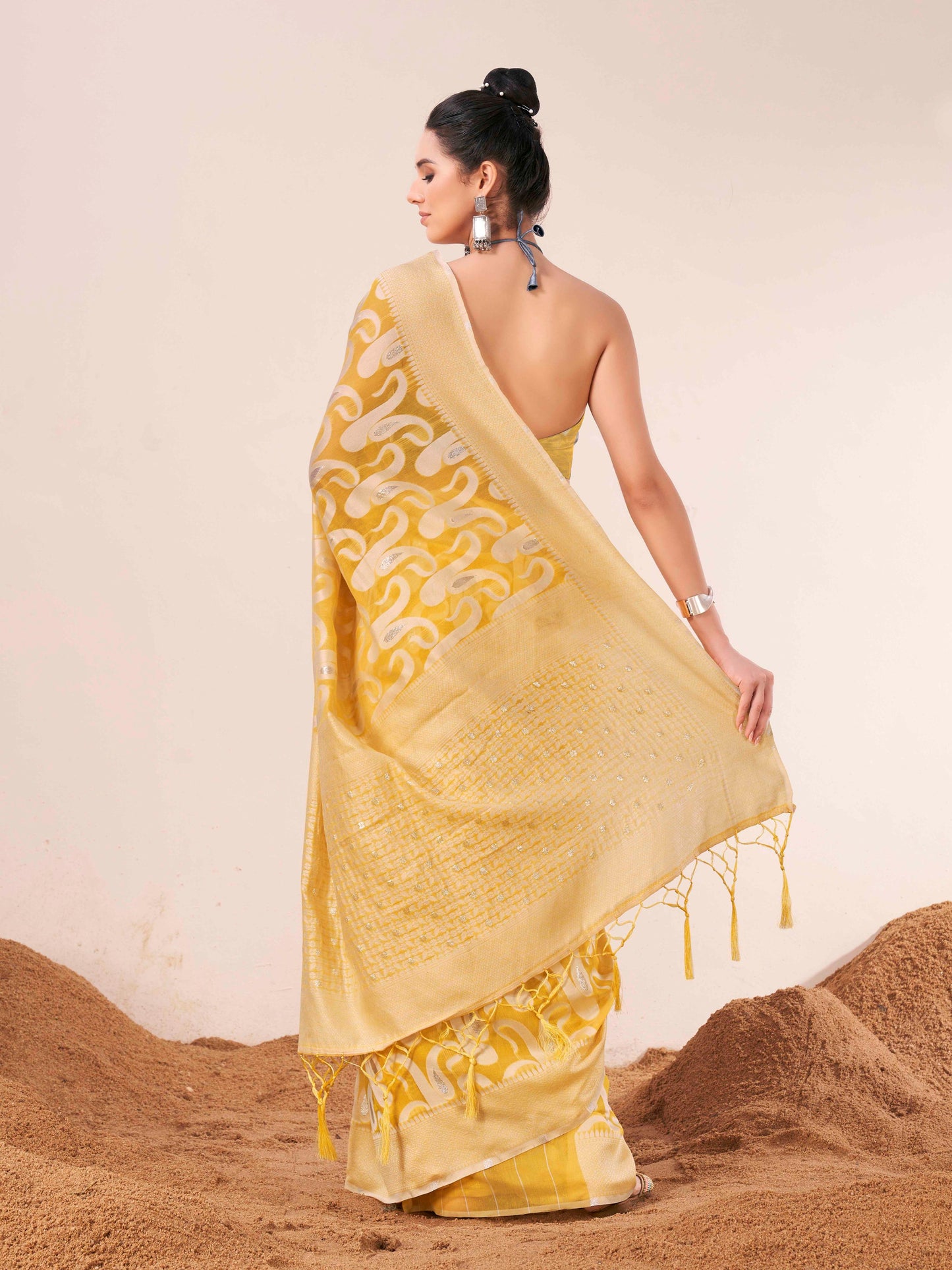 Dhiyona TI Women's Ready To Wear Yellow Woven Saree with Unstitched Blouse