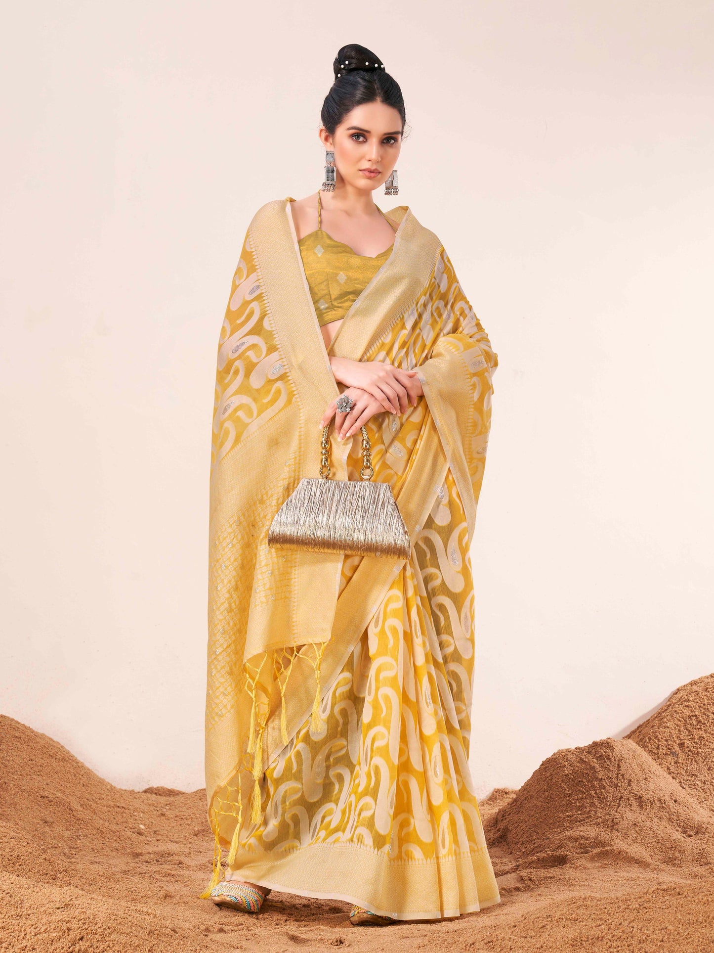 Dhiyona TI Women's Ready To Wear Yellow Woven Saree with Unstitched Blouse