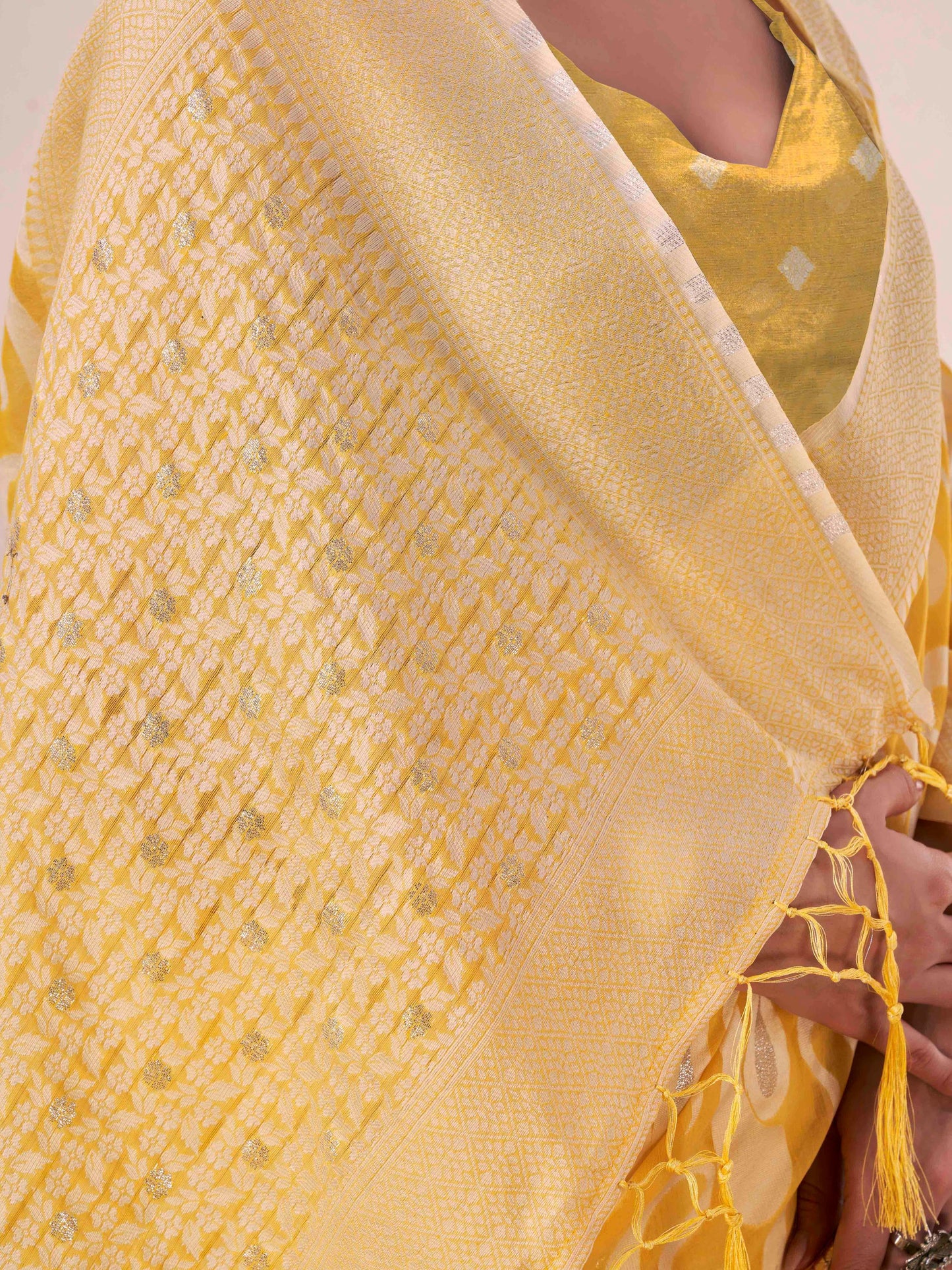 Dhiyona TI Women's Ready To Wear Yellow Woven Saree with Unstitched Blouse
