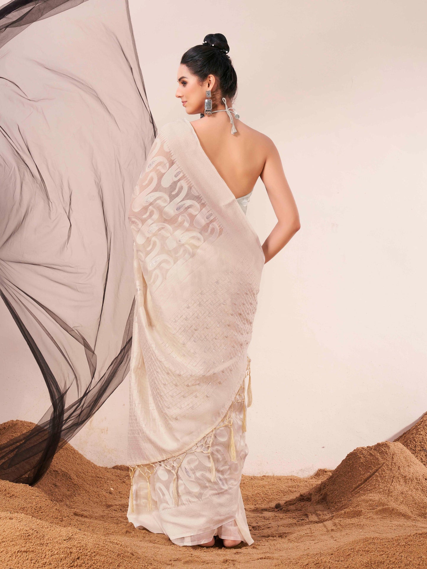 Dhiyona TI Women's Ready To Wear Beige Woven Saree with Unstitched Blouse