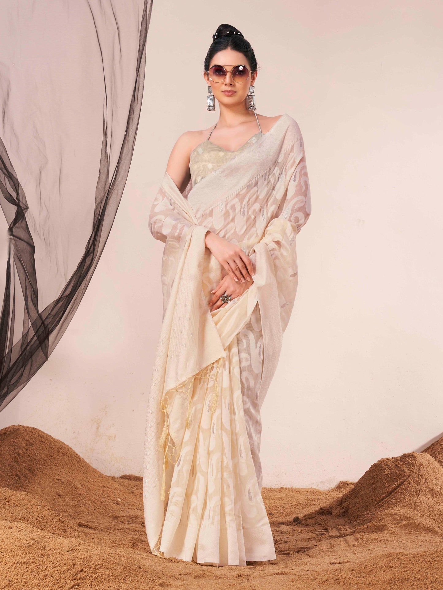 Dhiyona TI Women's Ready To Wear Beige Woven Saree with Unstitched Blouse